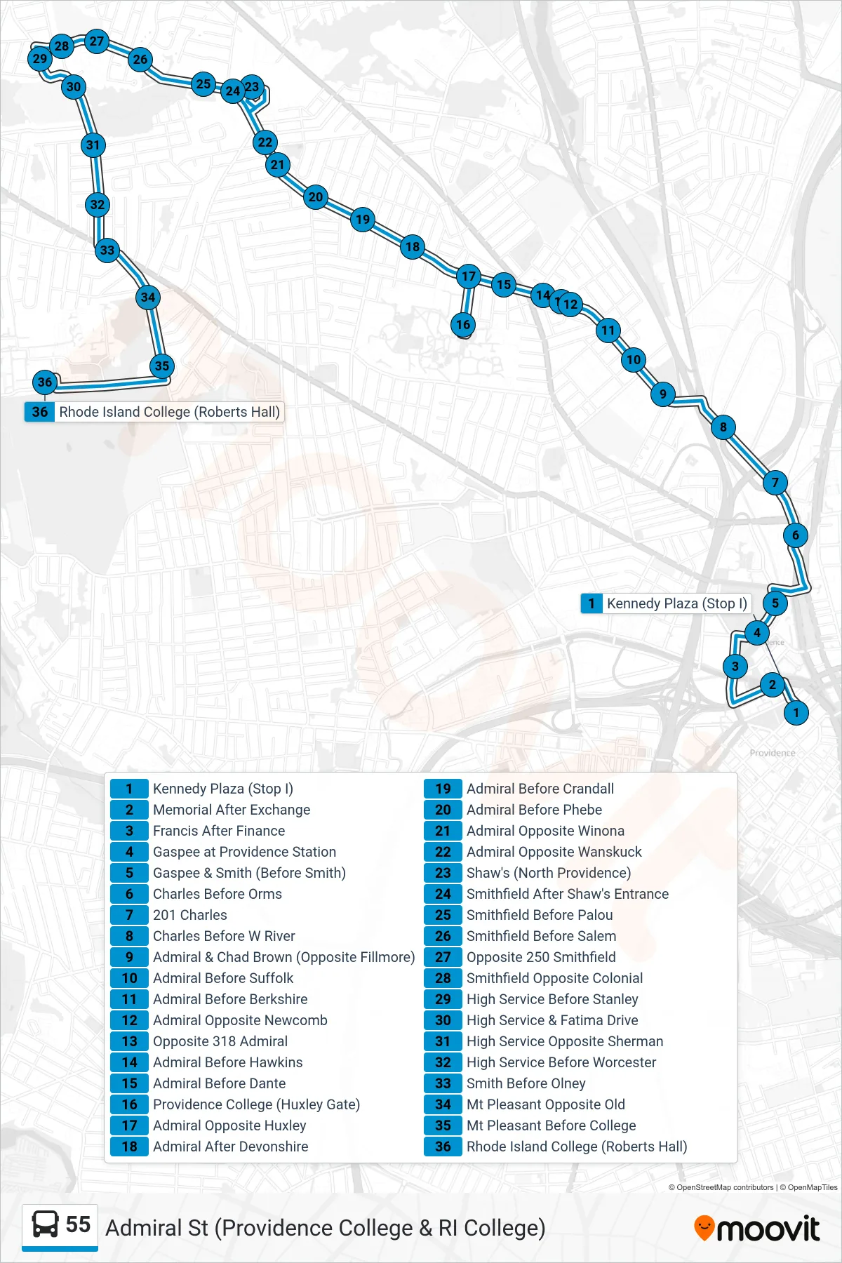 55 bus Line (Ri College Via Admiral St) route and stops on a map