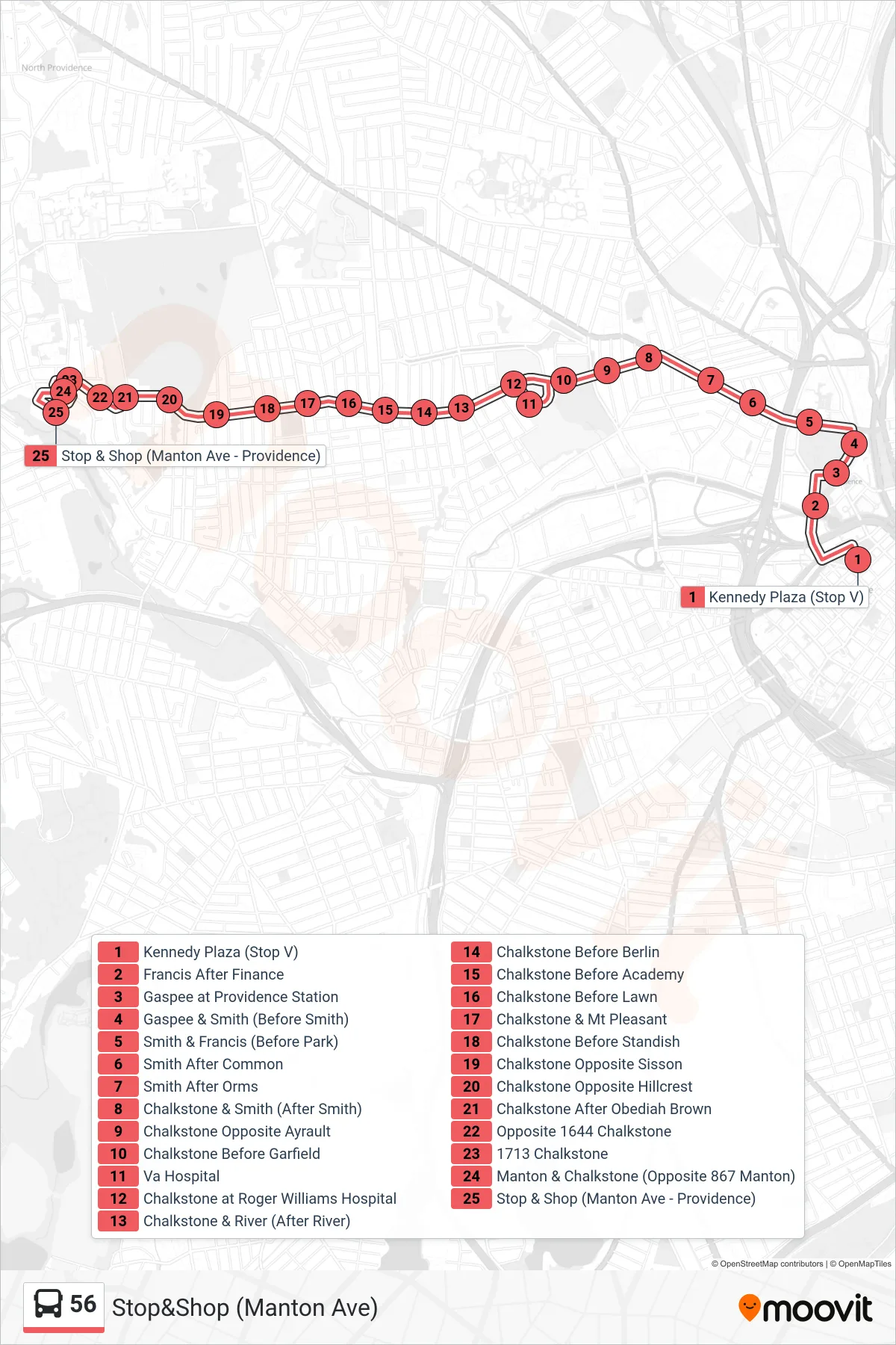 56 bus Line (Stop&Shop (Manton Ave)) route and stops on a map