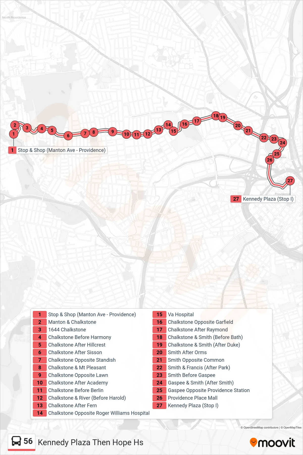 56 bus Line (Kennedy Plaza Then Hope Hs) route and stops on a map