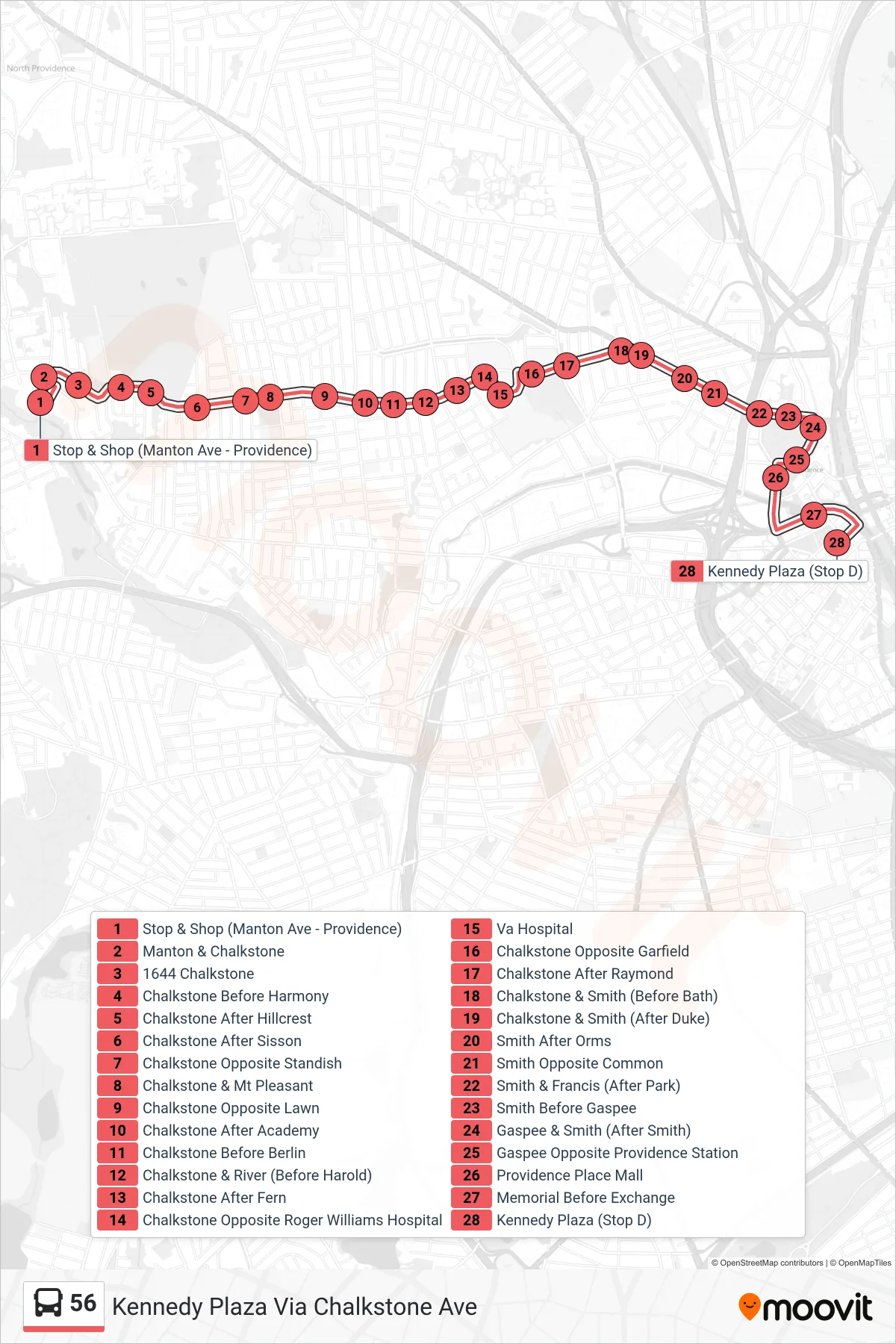 56 bus Line (Kennedy Plaza Via Chalkstone Ave) route and stops on a map