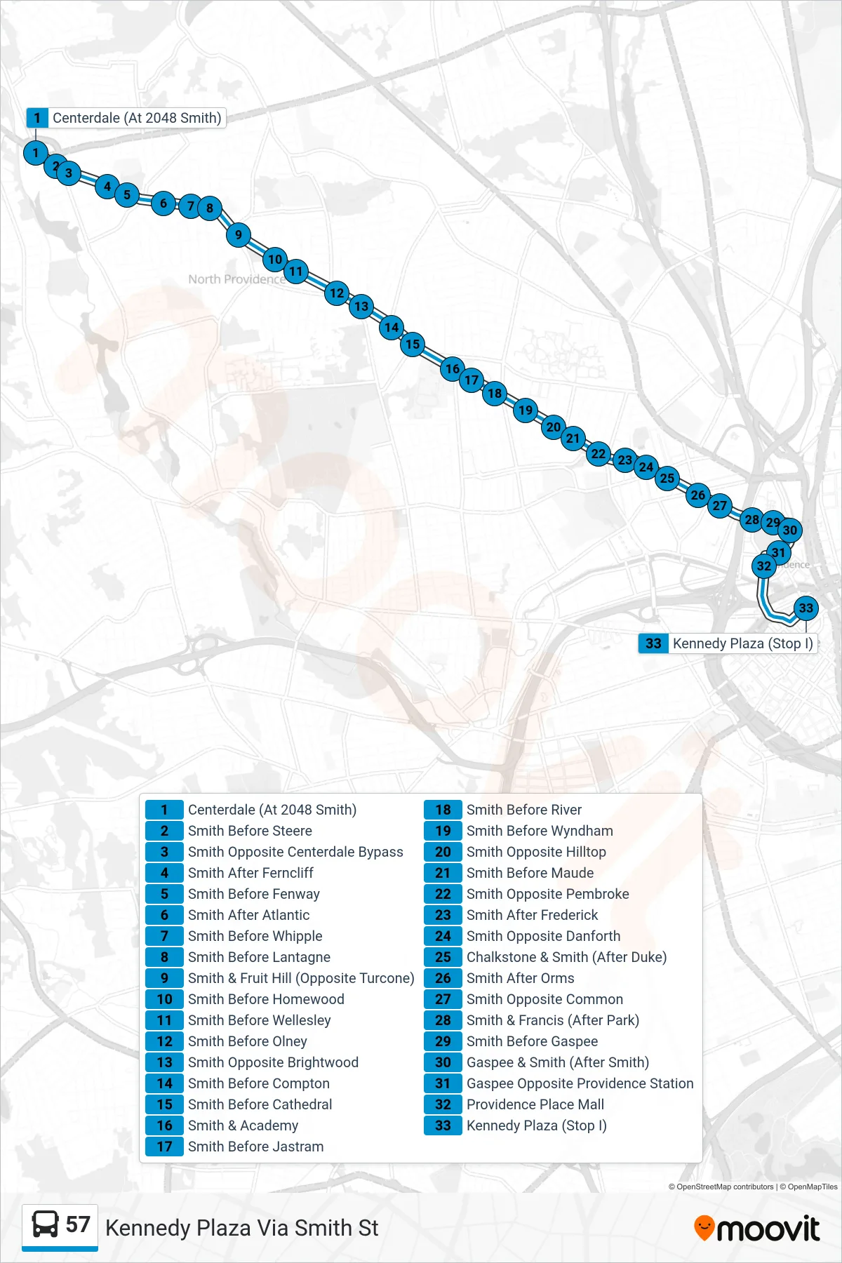 57 bus Line (Kennedy Plaza Via Smith St) route and stops on a map