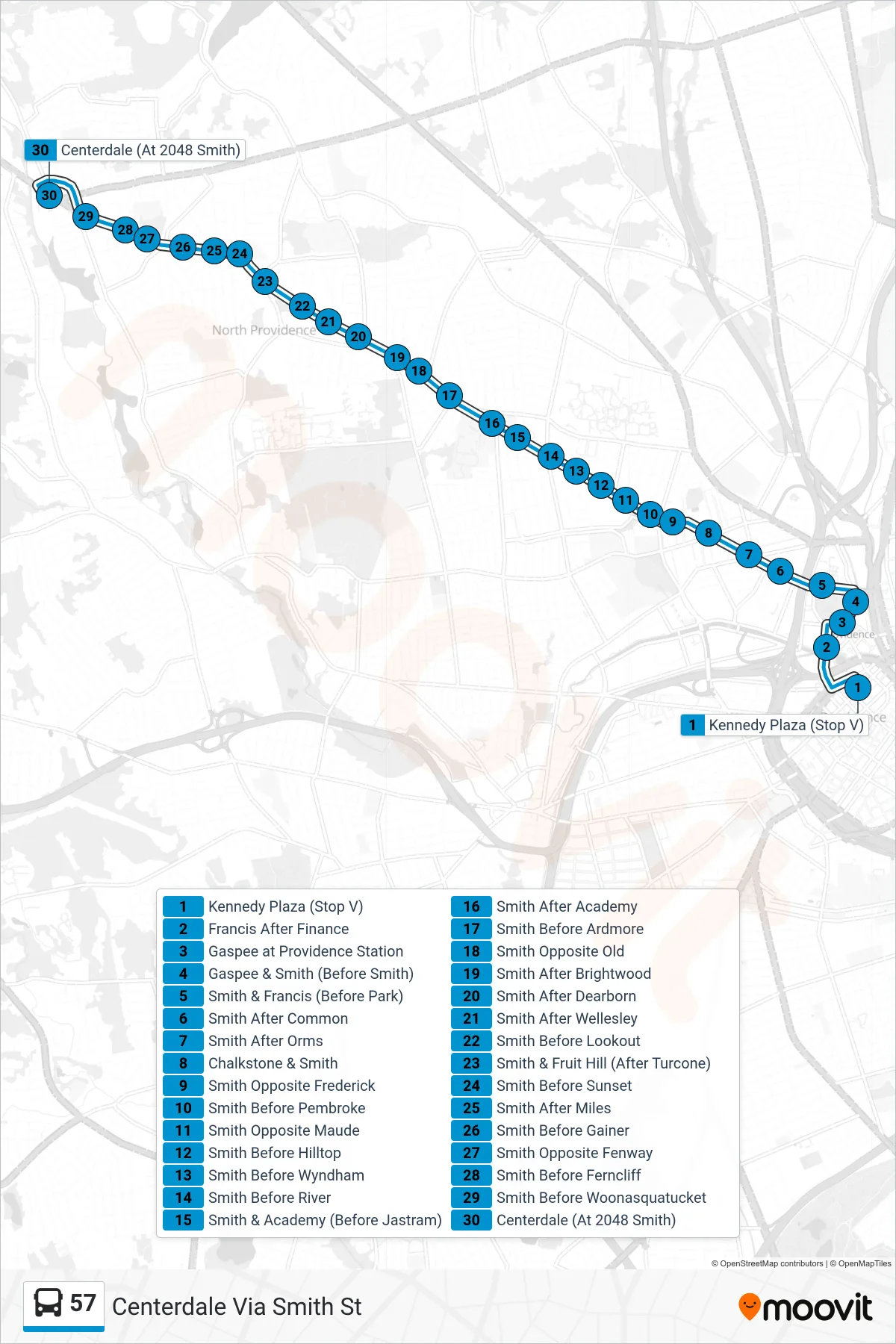 57 bus Line (Centerdale Via Smith St) route and stops on a map