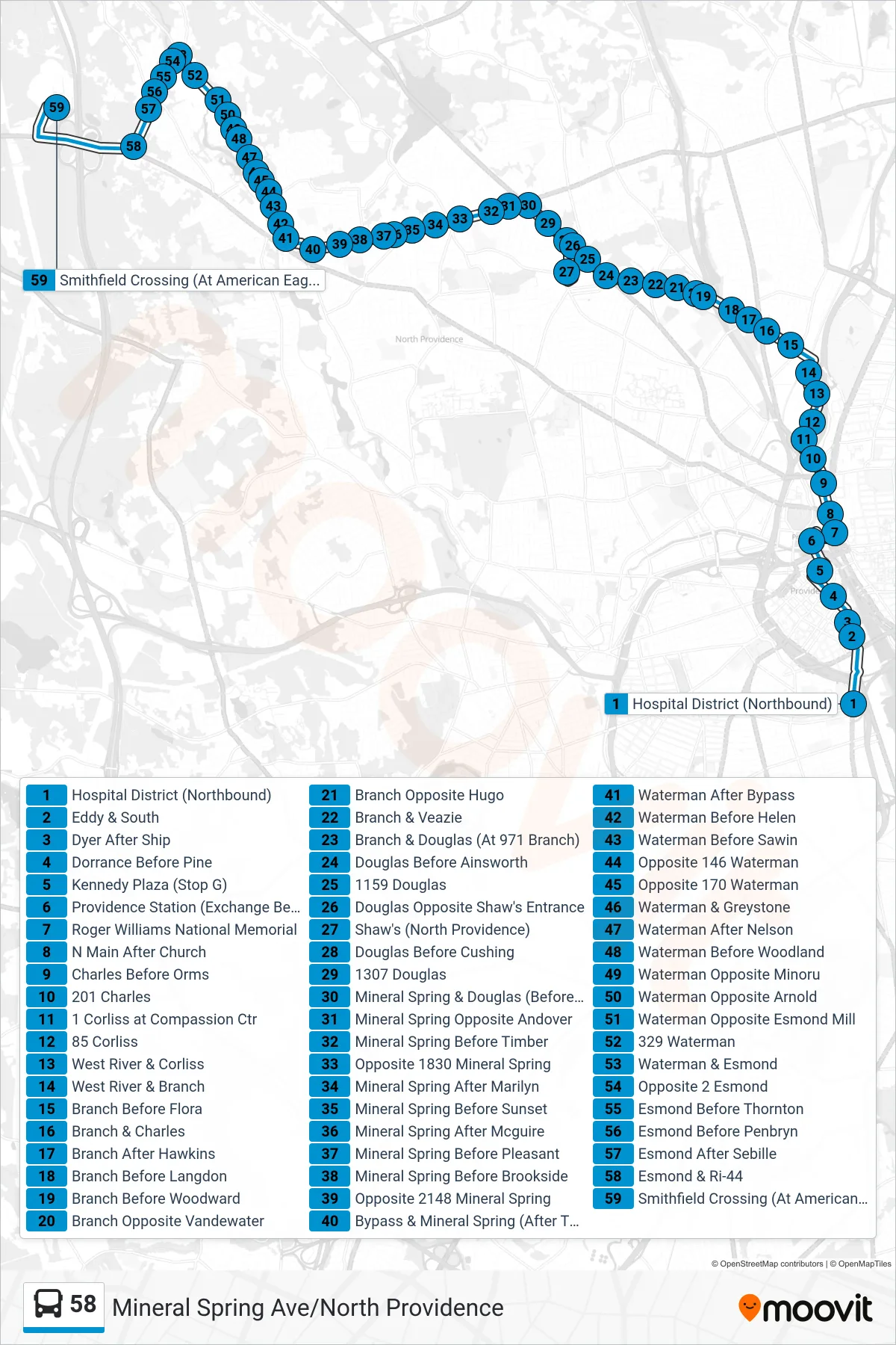 58 bus Line (Smithfield Crossing) route and stops on a map