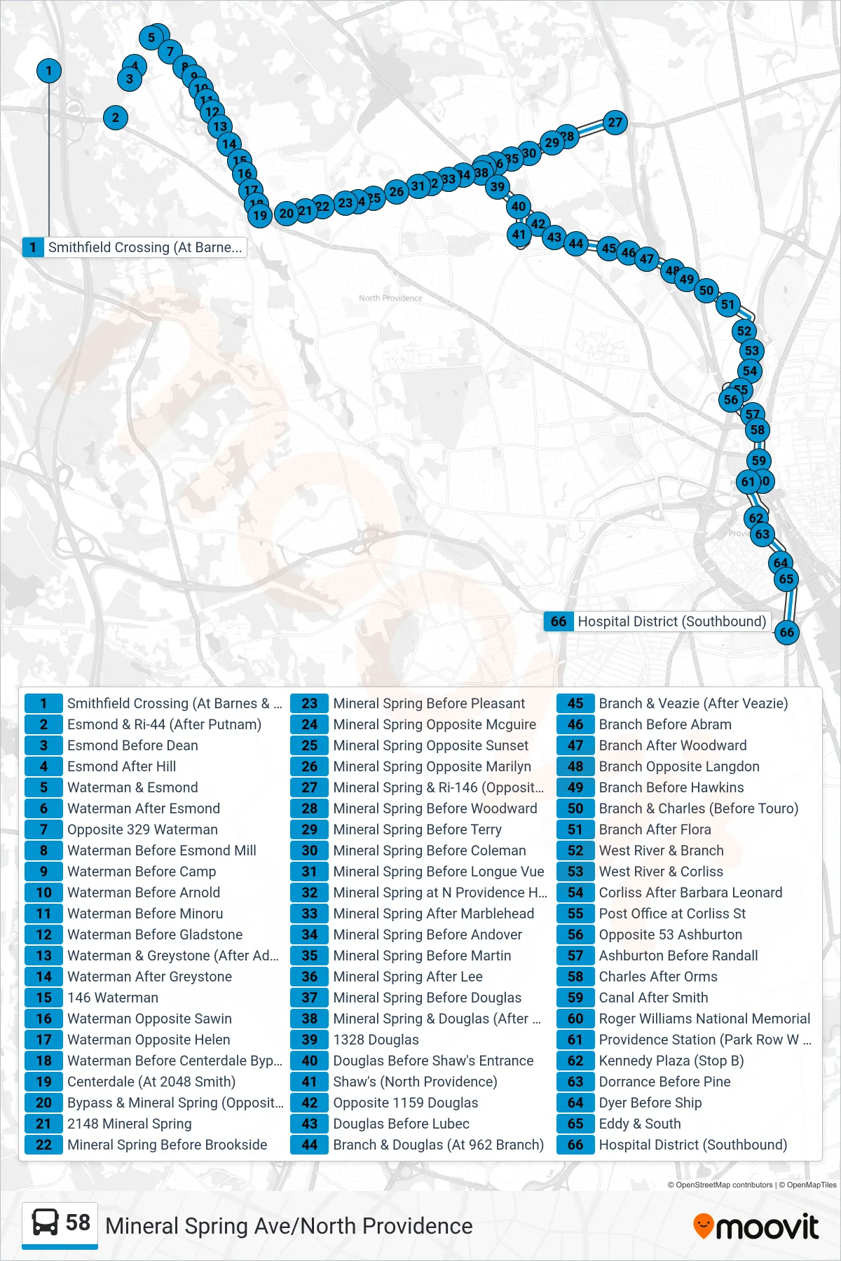 58 bus Line (Hospital District (Providence)) route and stops on a map