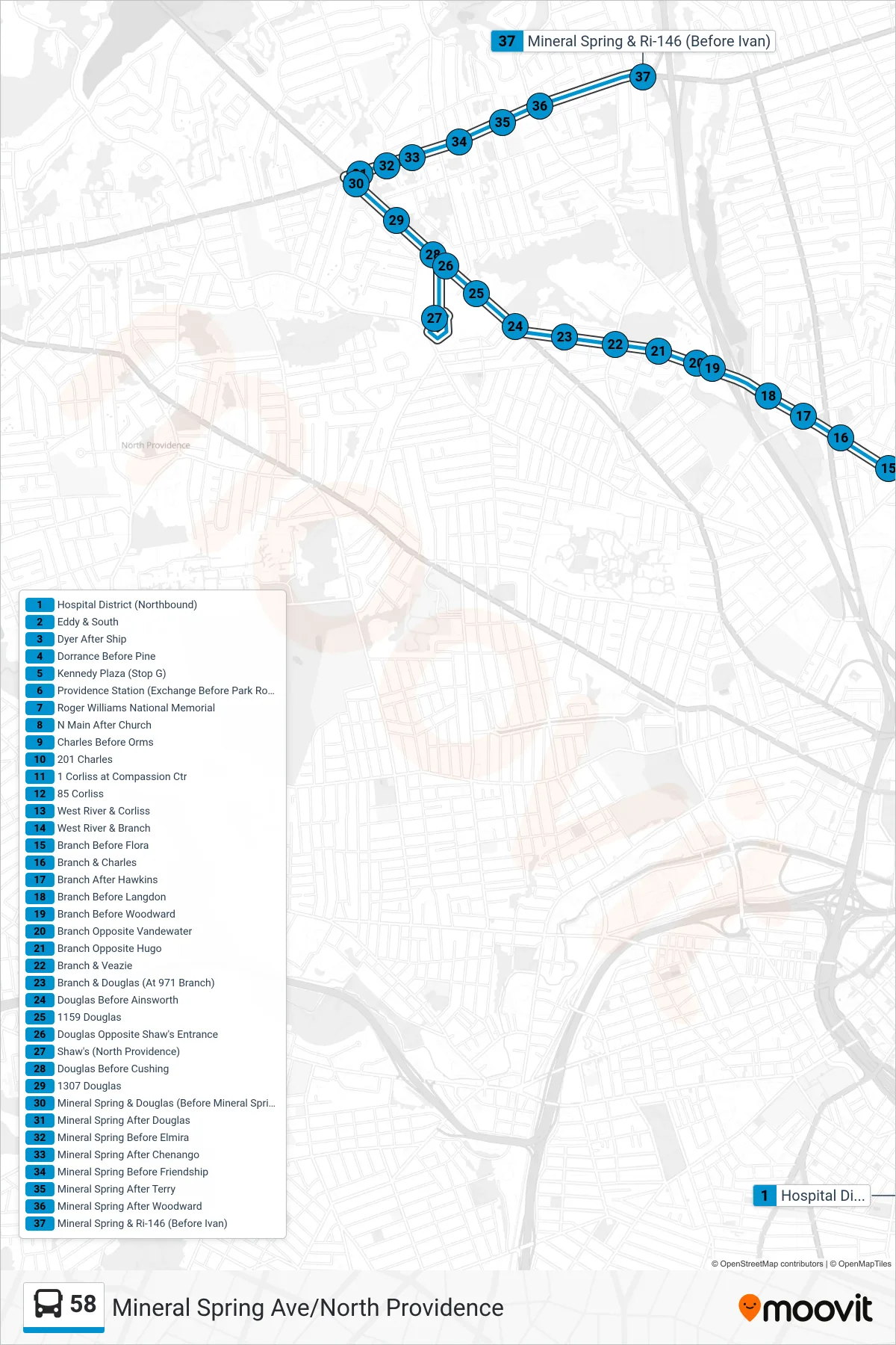 58 bus Line (Mineral Spring Ave & Ri-146) route and stops on a map