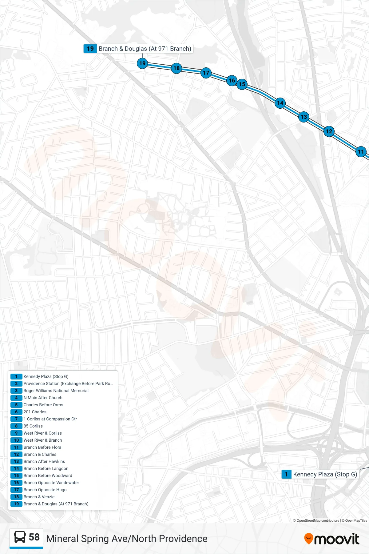 58 bus Line (E-Cubed Academy) route and stops on a map