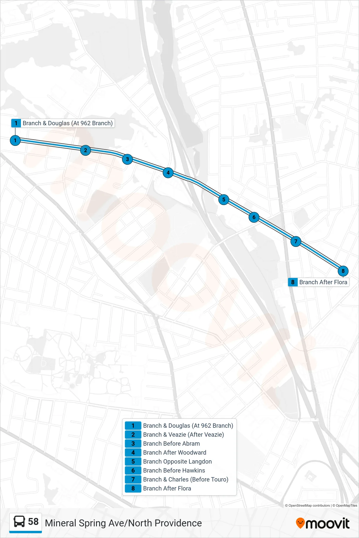 58 bus Line (Stop&Shop (Manton) Via Manton Ave) route and stops on a map