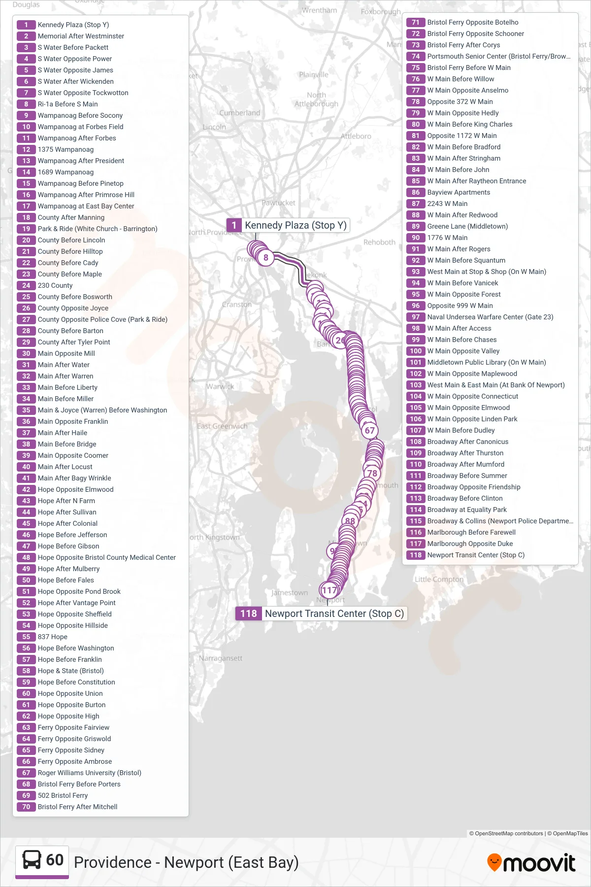 60 bus Line (Newport Via W Main Rd) route and stops on a map