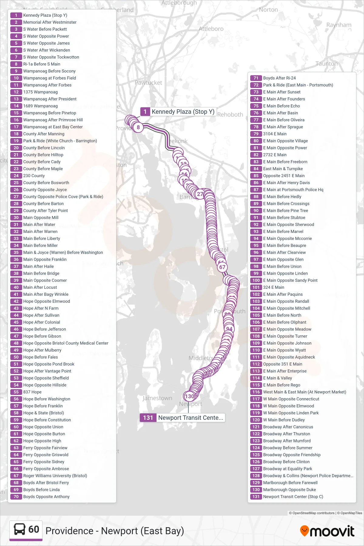 60 bus Line (Newport Via E Main Rd) route and stops on a map