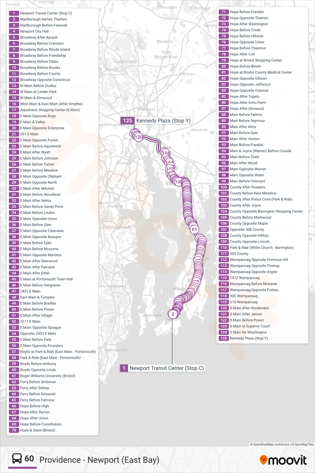 60 bus Line (Providence Via E Main Rd) route and stops on a map