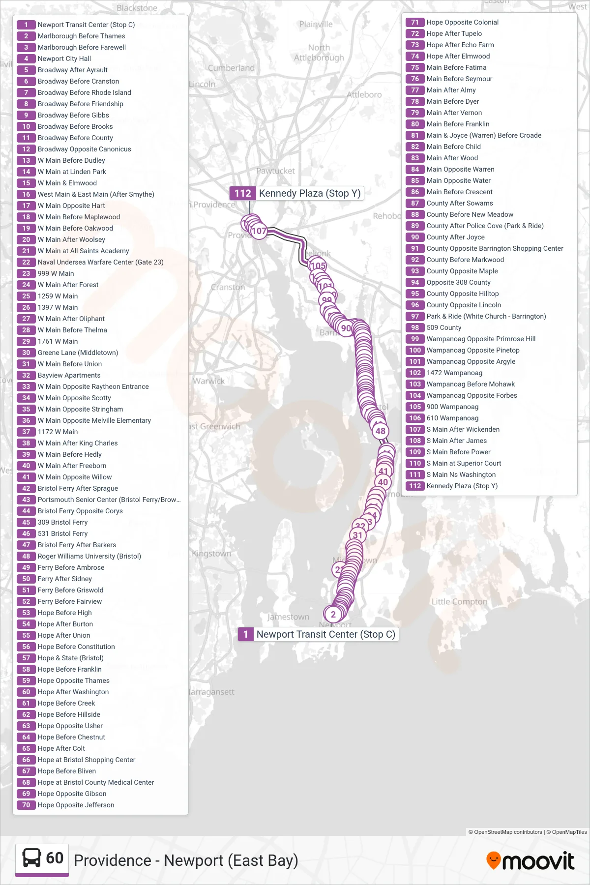 60 bus Line (Providence Via W Main Rd) route and stops on a map