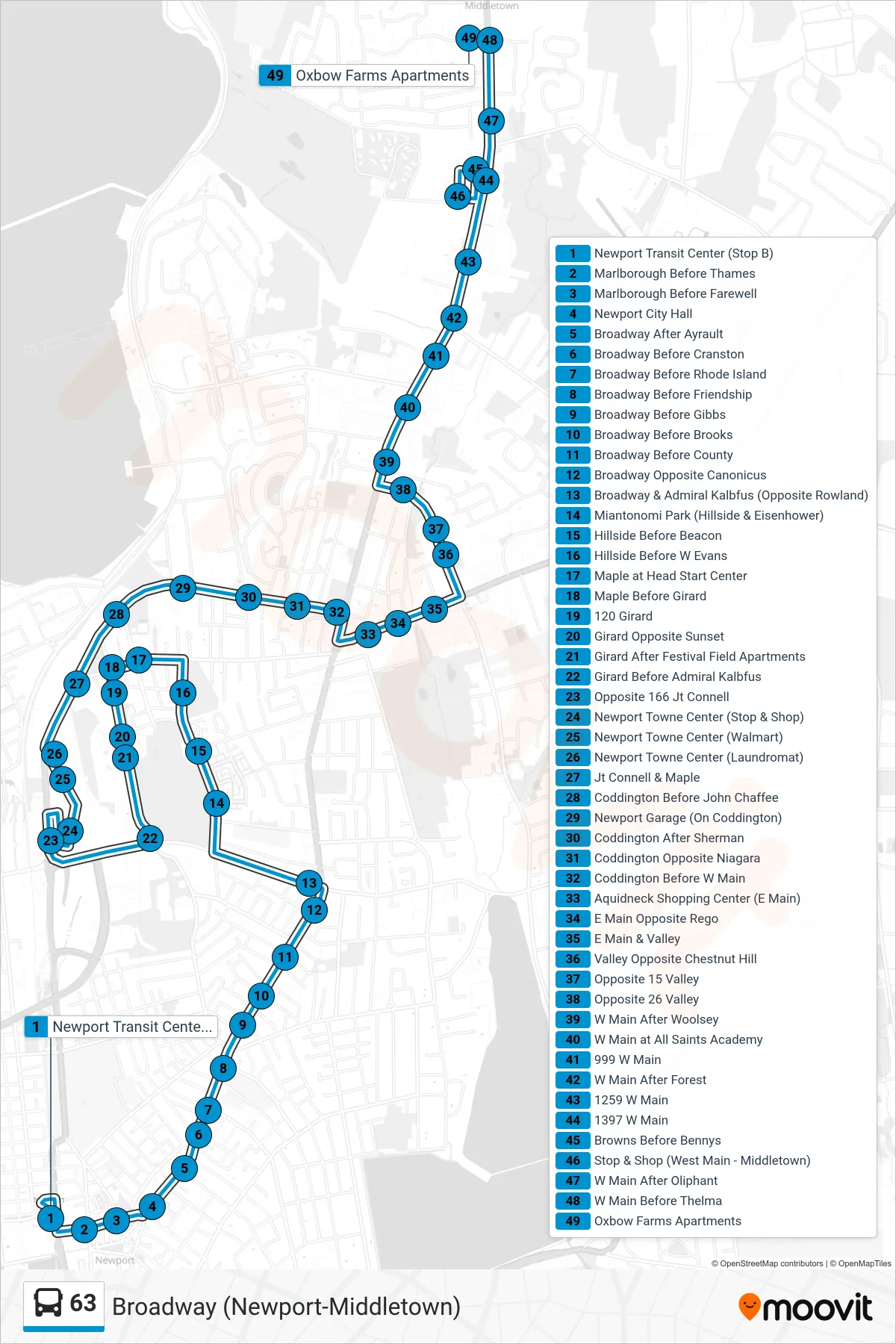 63 bus Line (Oxbow Apartments) route and stops on a map