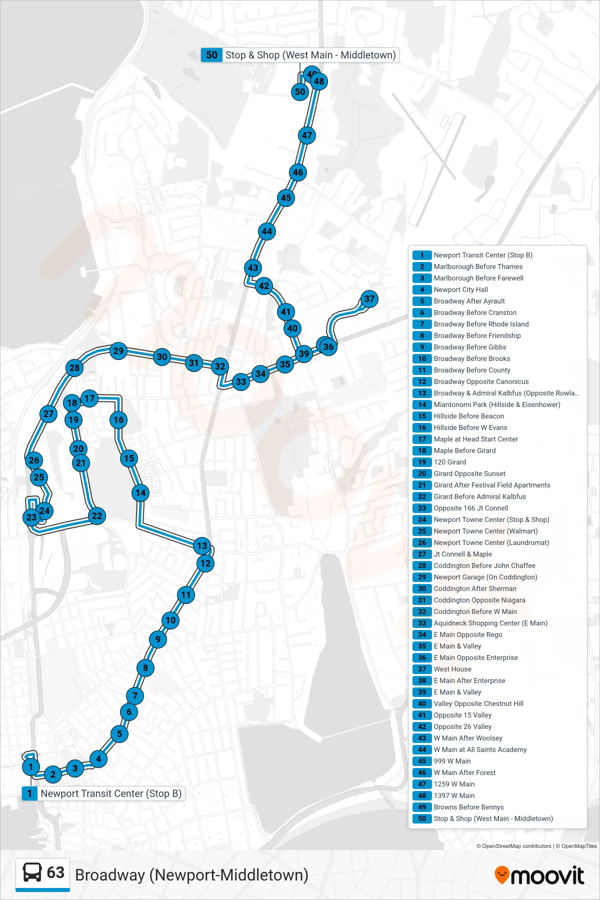 63 bus Line (Stop&Shop (Middletown) Via West House) route and stops on a map