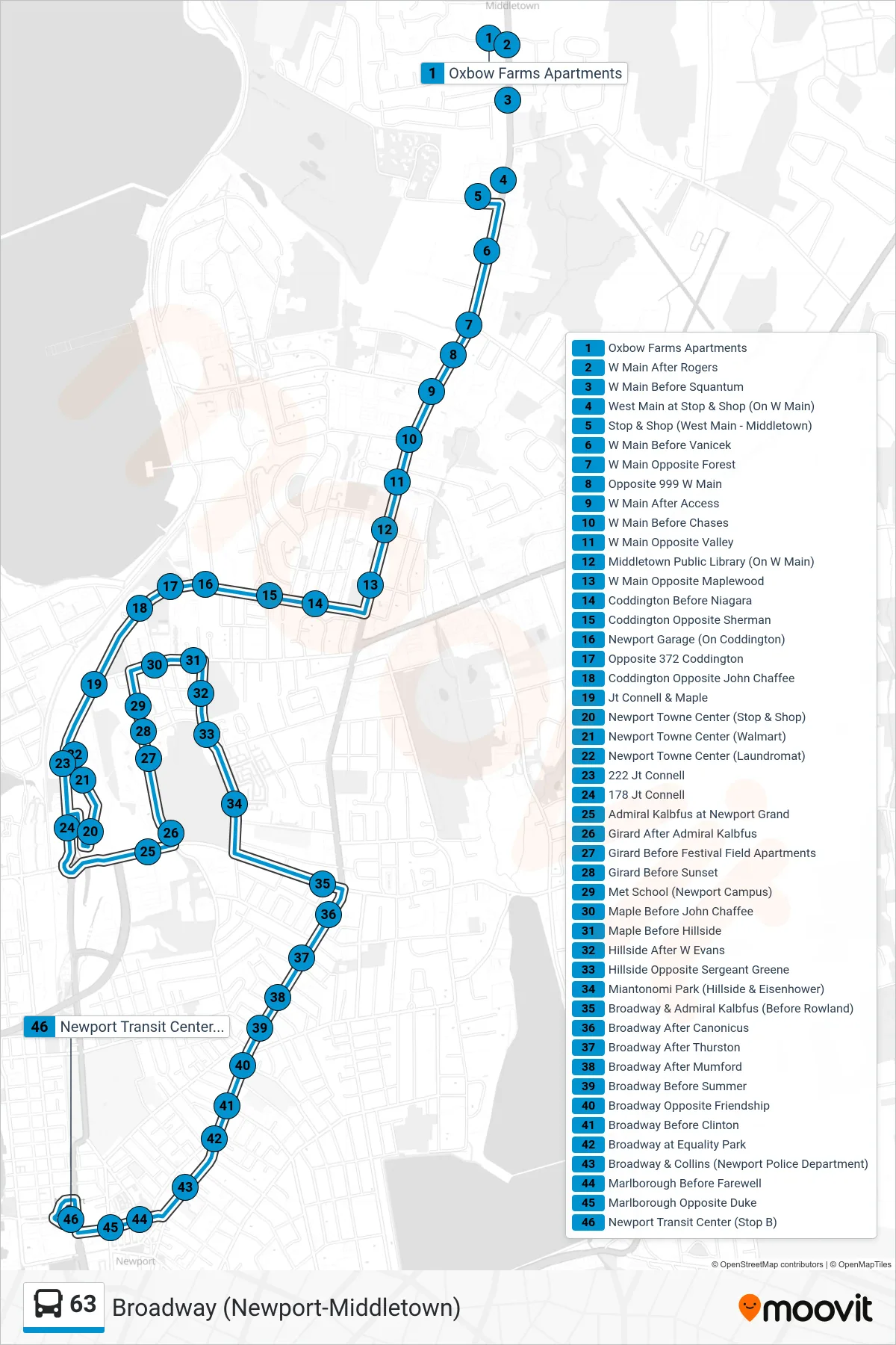 63 bus Line (Newport Transit Center) route and stops on a map