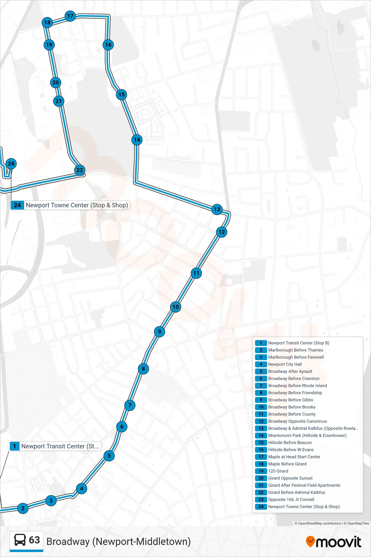 63 bus Line (Towne Center (Newport)) route and stops on a map
