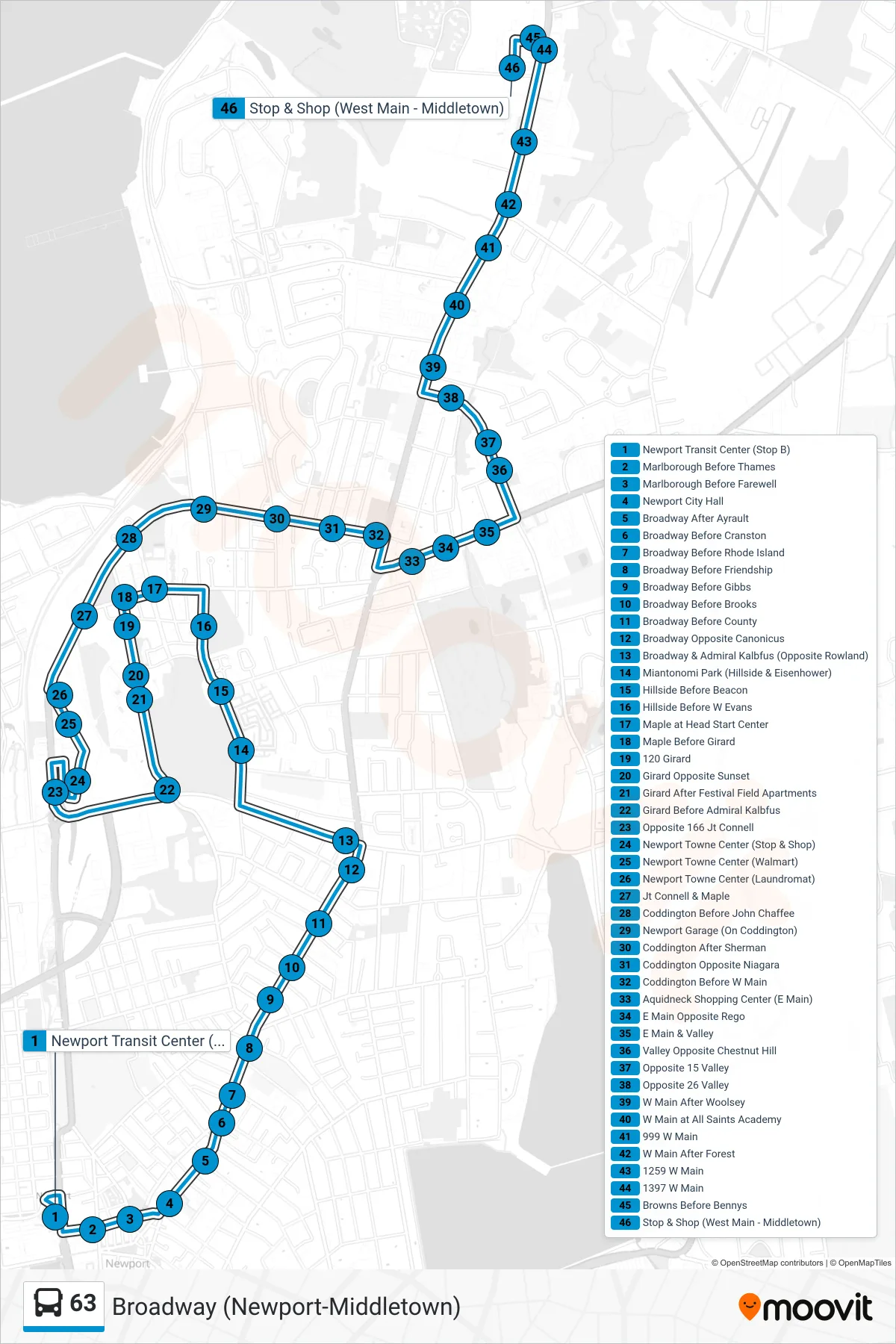 63 bus Line (Stop&Shop (Middletown)) route and stops on a map