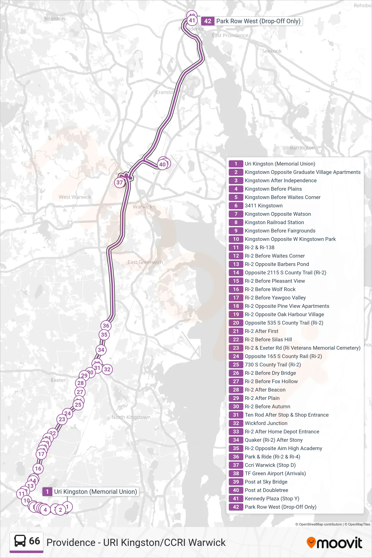 66 bus Line (Providence Station) route and stops on a map
