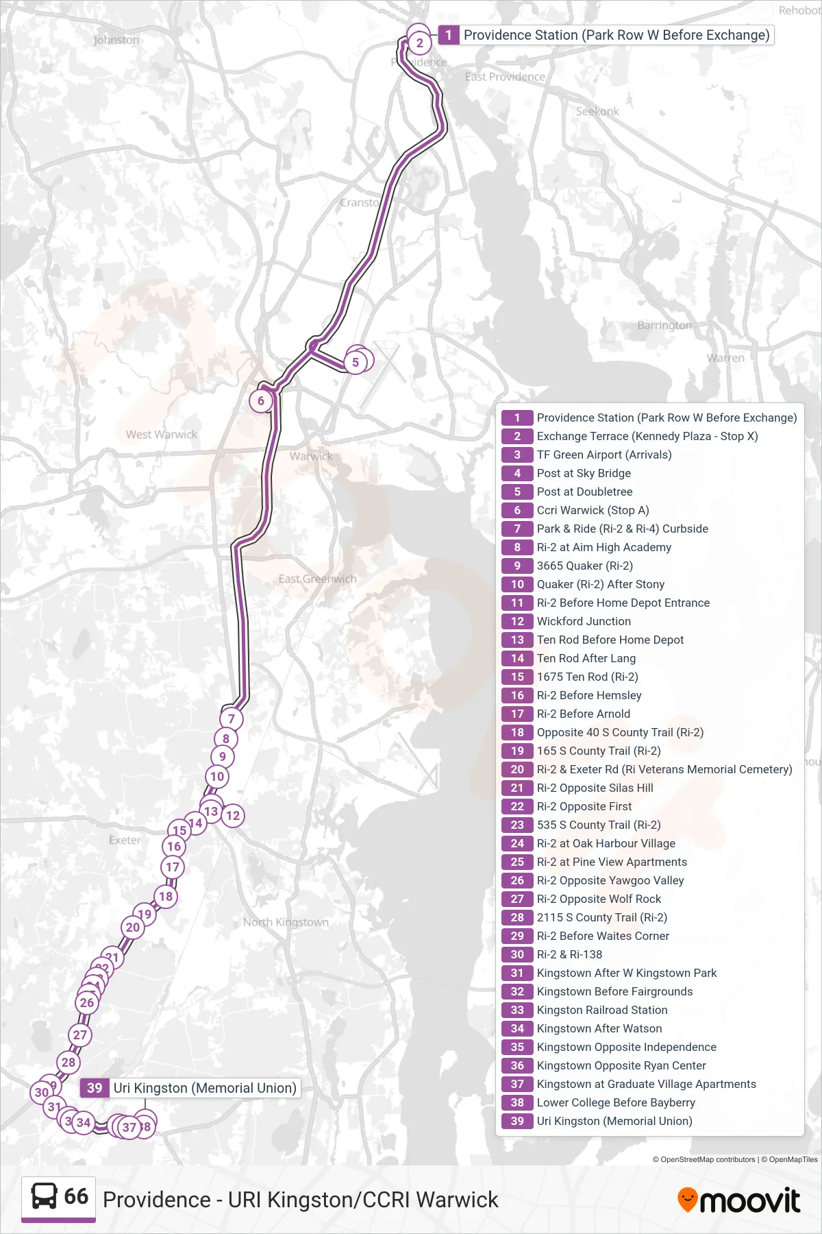 66 bus Line (Uri Kingston) route and stops on a map