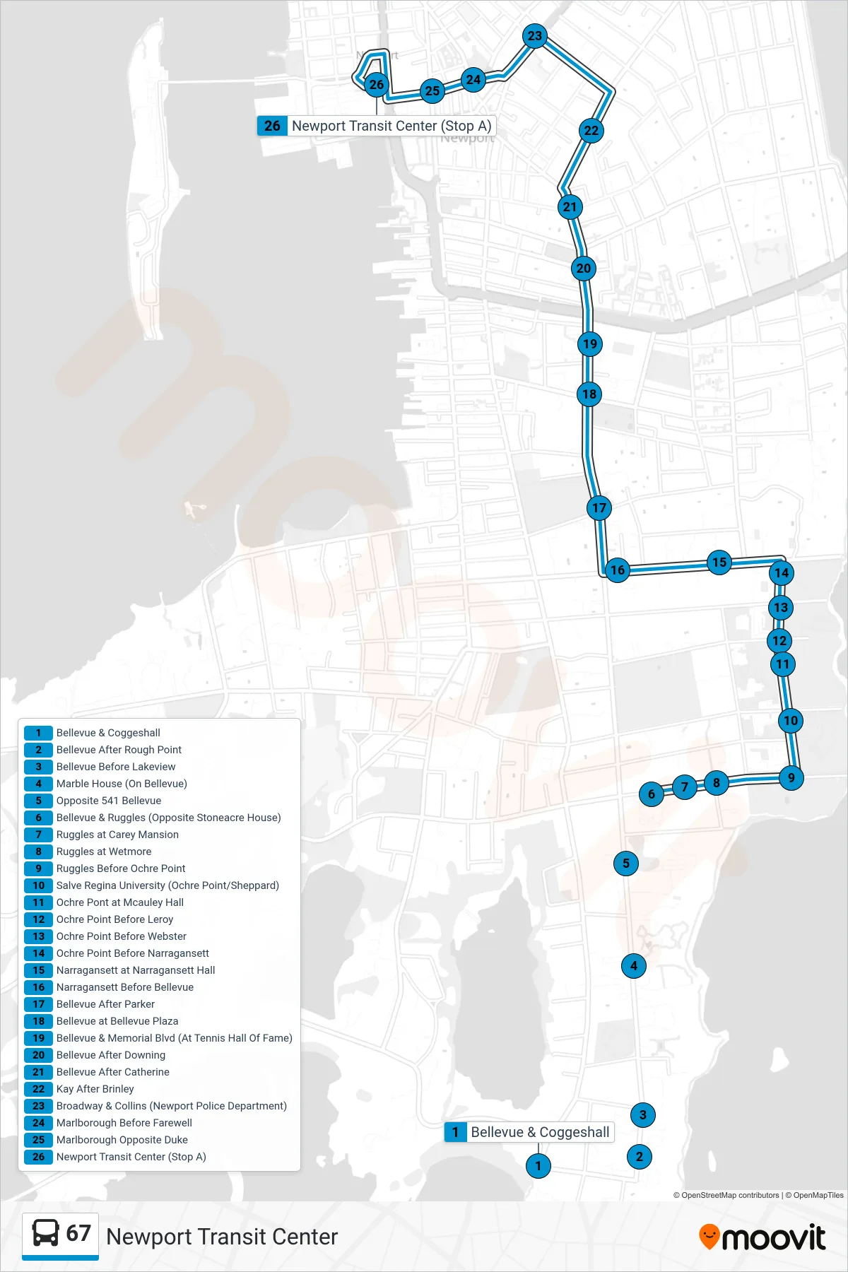 67 bus Line (Newport Transit Center) route and stops on a map