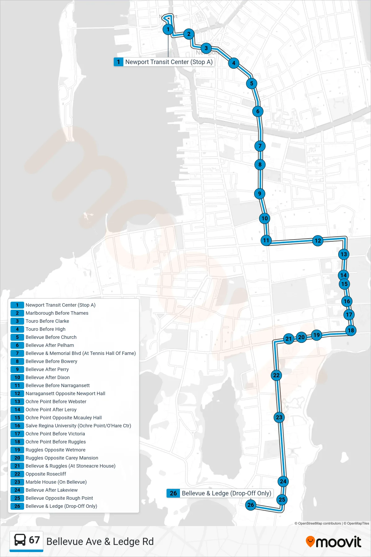 67 bus Line (Bellevue Ave & Ledge Rd) route and stops on a map