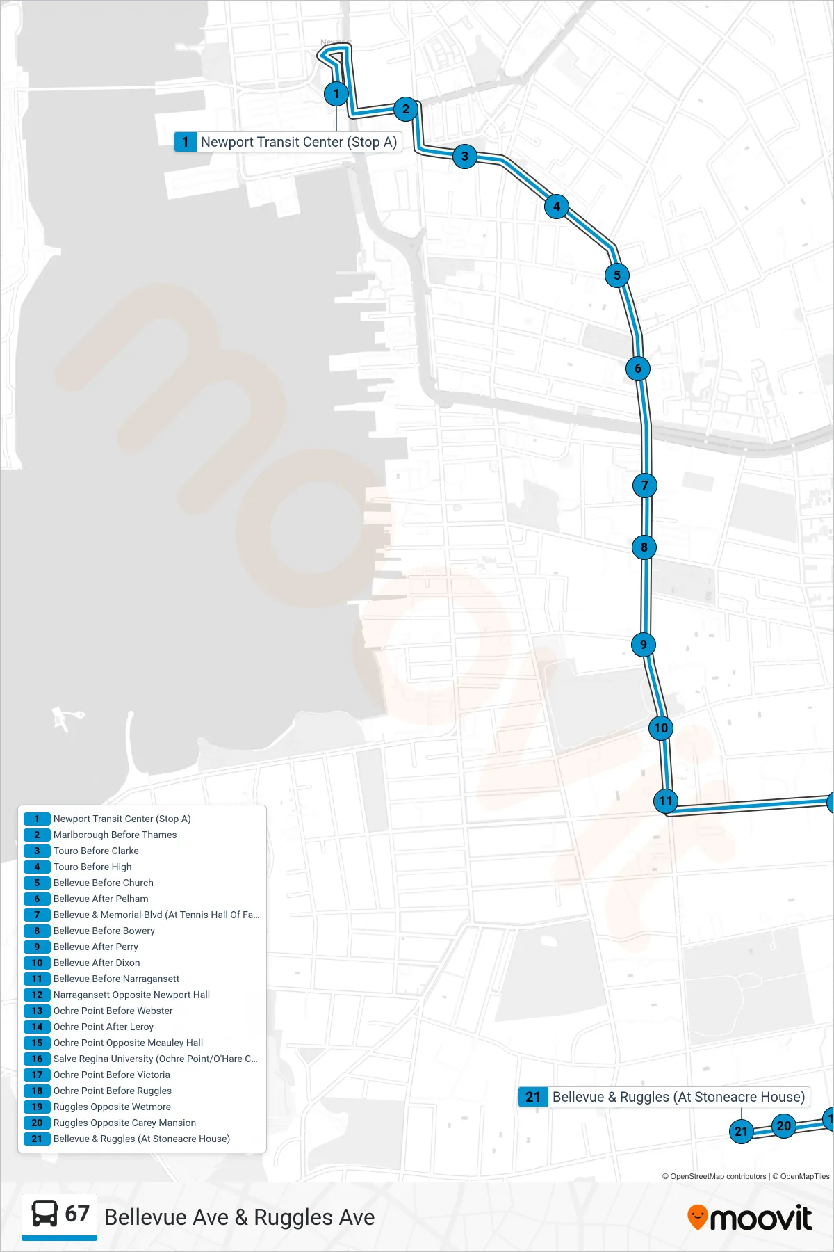 67 bus Line (Bellevue Ave & Ruggles Ave) route and stops on a map