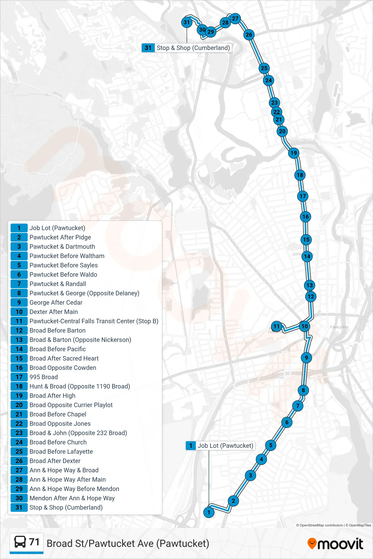 71 bus Line (Stop&Shop (Cumberland)) route and stops on a map