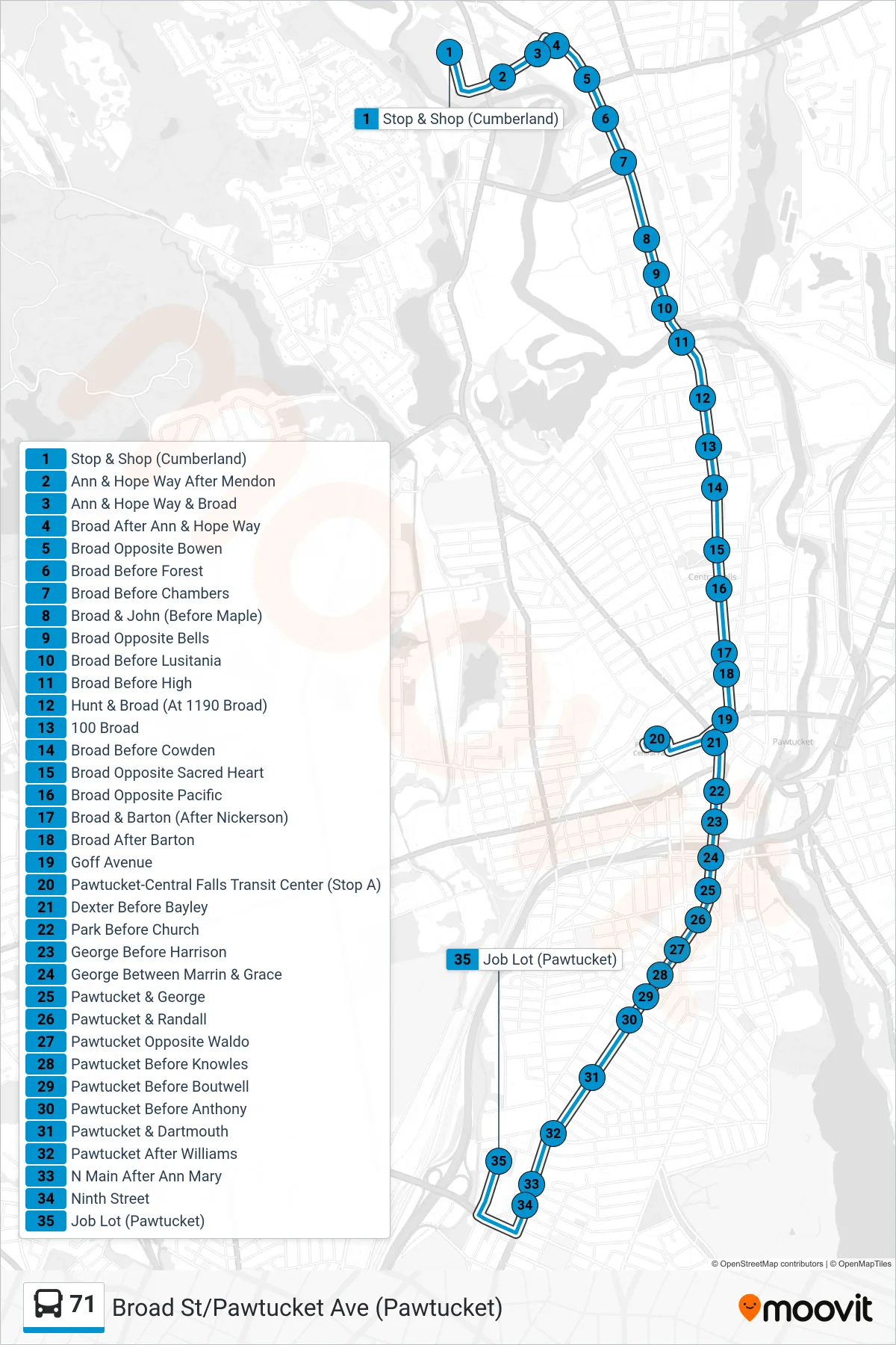 71 bus Line (Job Lot (Pawtucket)) route and stops on a map