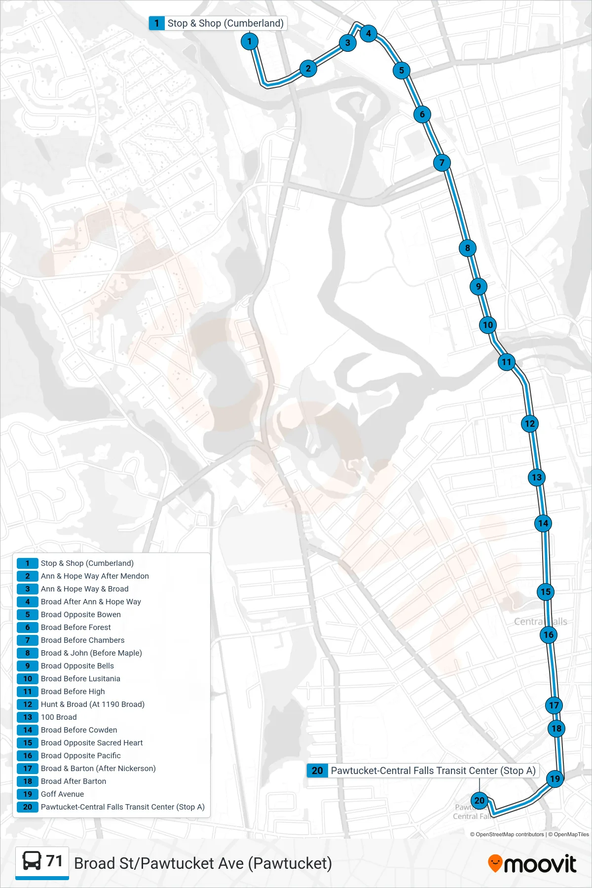 71 bus Line (Pawtucket Transit Center) route and stops on a map