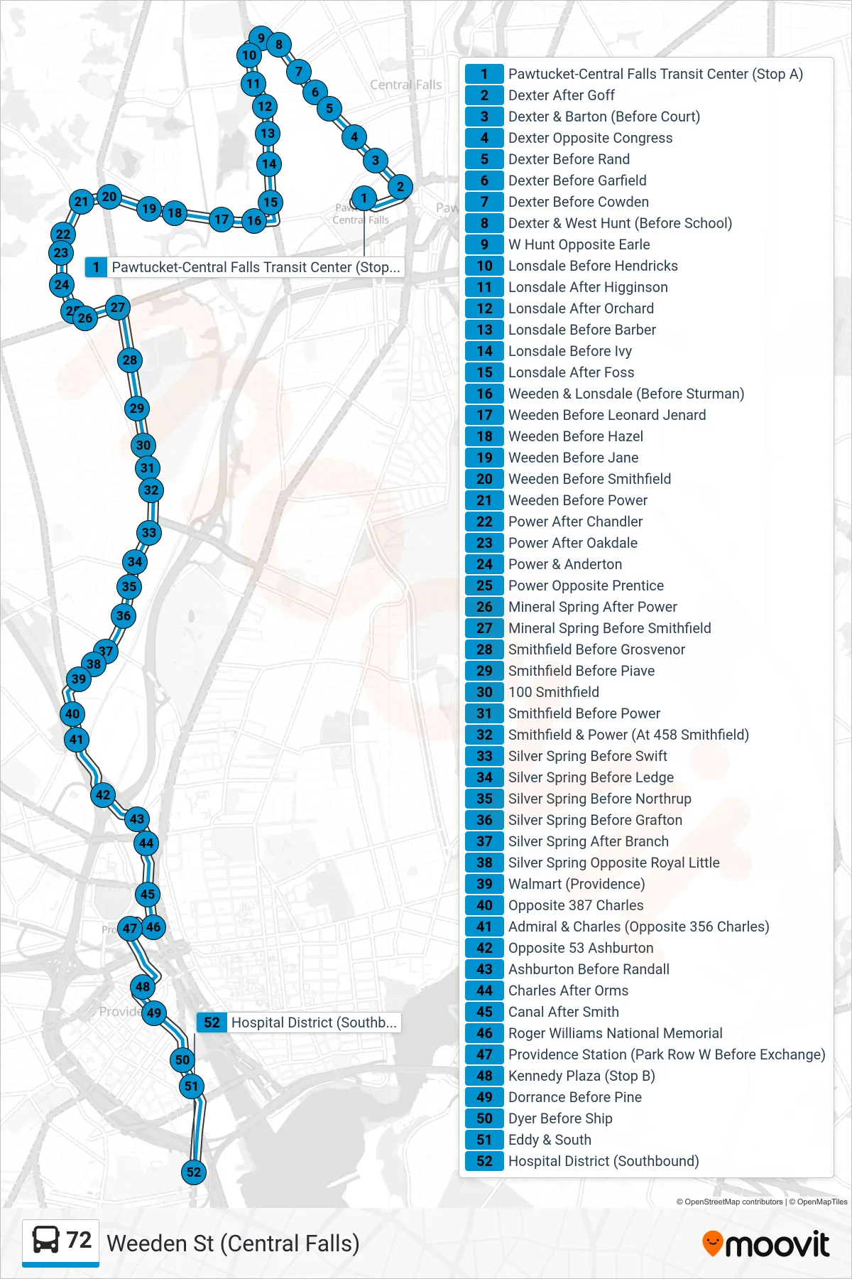 72 bus Line (Hospital District (Providence)) route and stops on a map