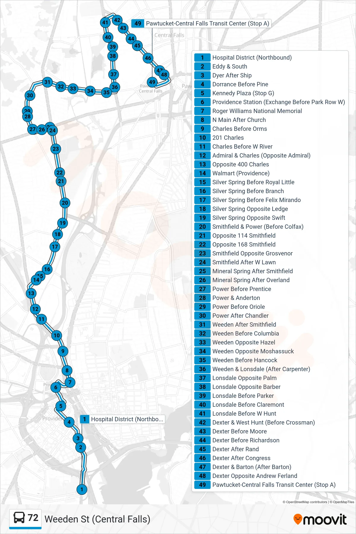 72 bus Line (Pawtucket Transit Center Via Weeden St) route and stops on a map