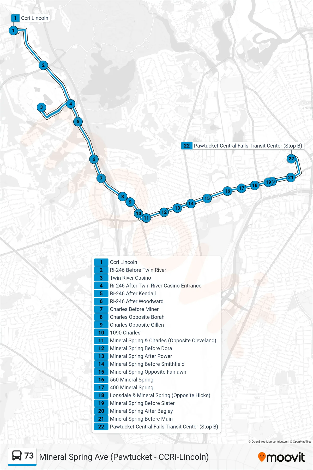 73 bus Line (Pawtucket Transit Center) route and stops on a map