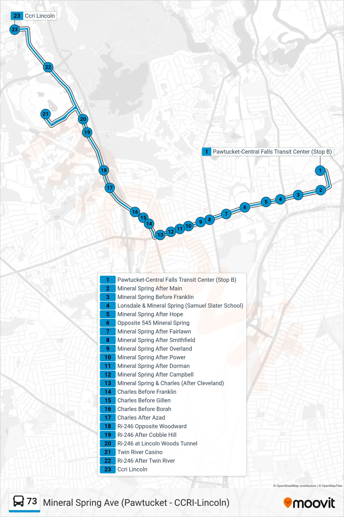 73 bus Line (Ccri Lincoln) route and stops on a map
