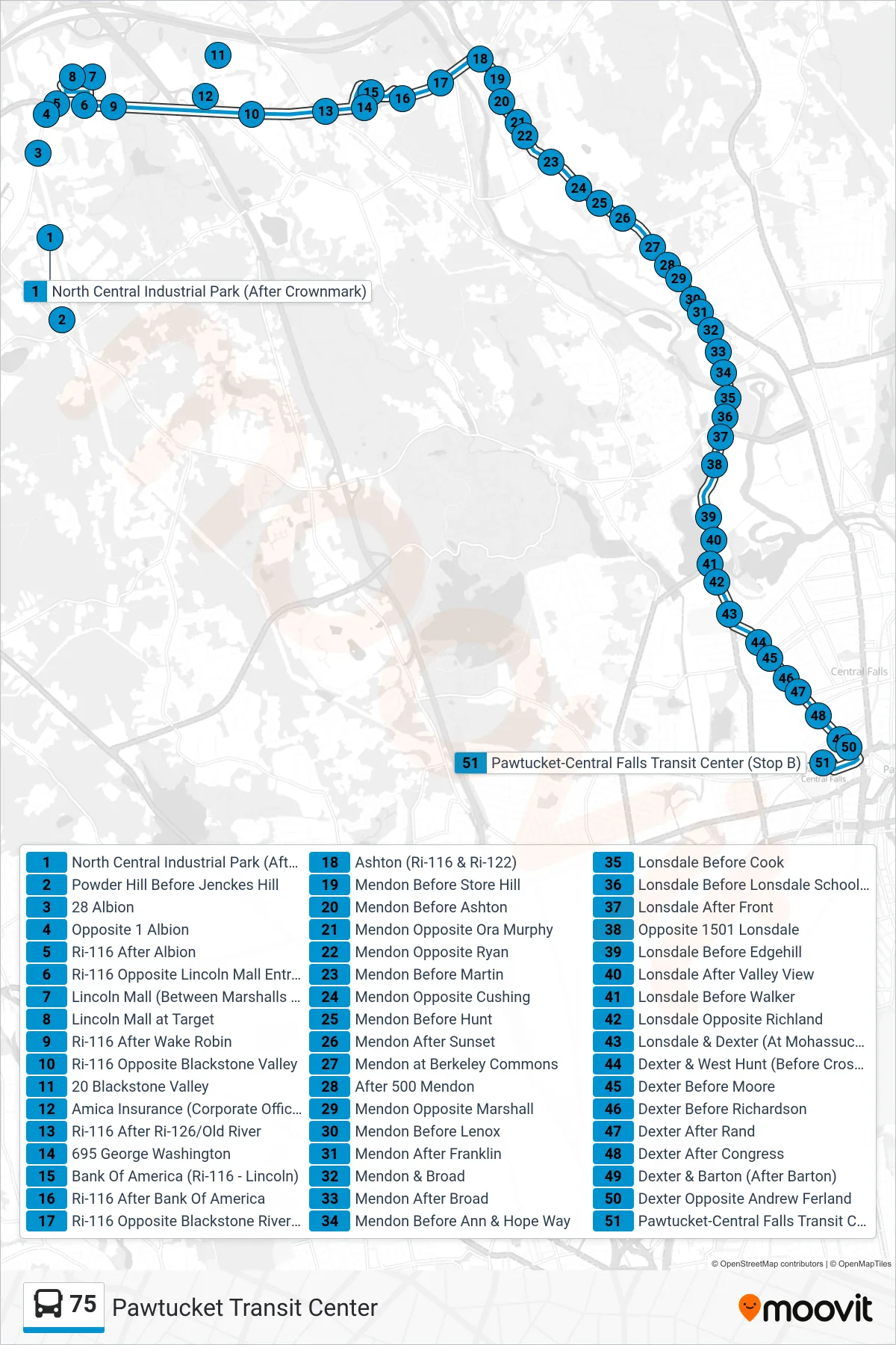 75 bus Line (Pawtucket Transit Center) route and stops on a map