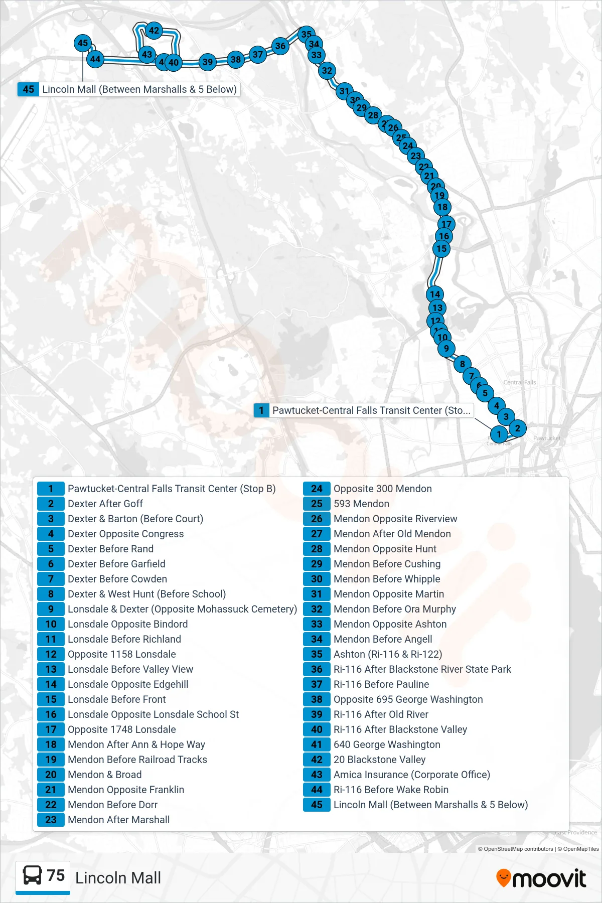 75 bus Line (Lincoln Mall) route and stops on a map