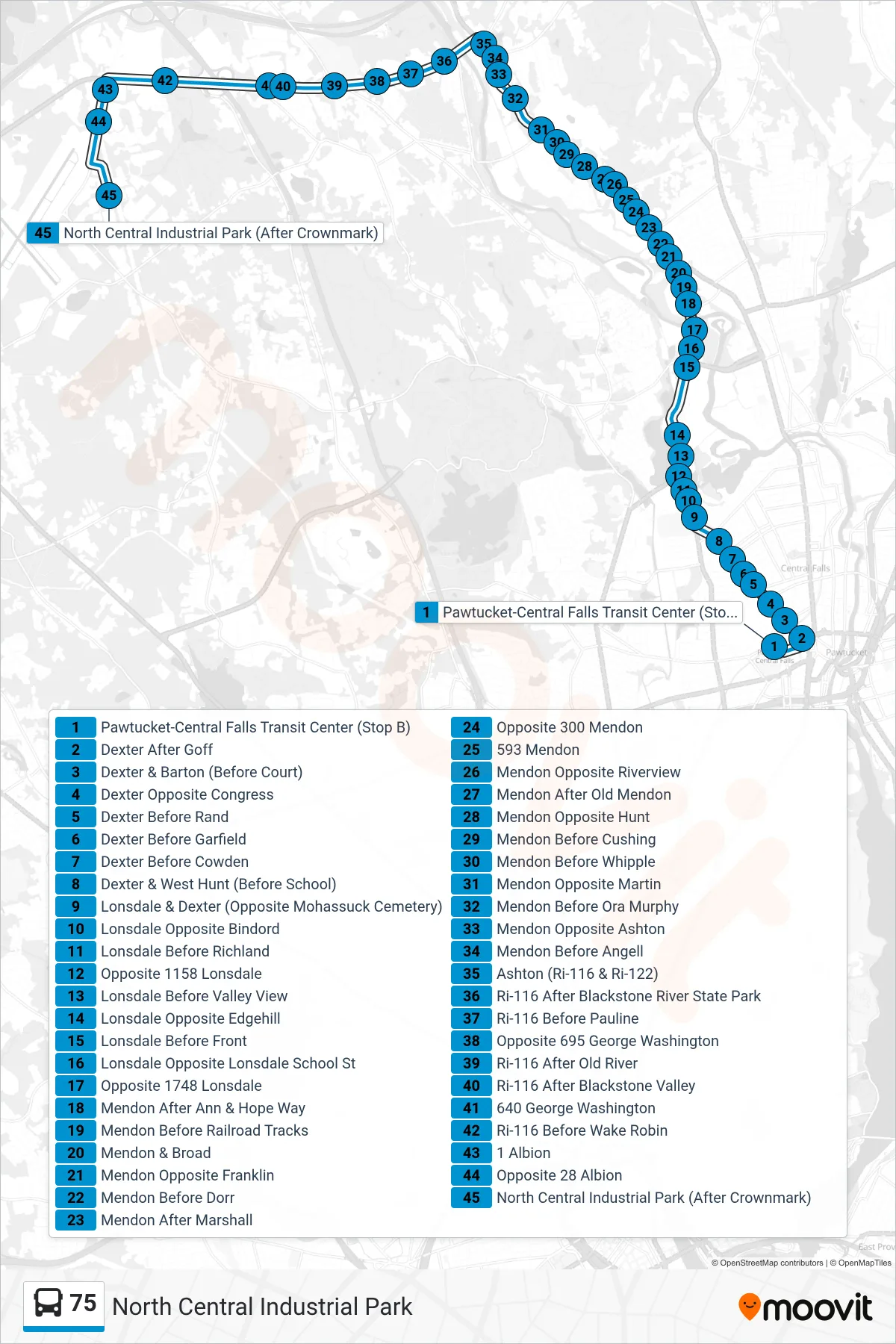 75 bus Line (North Central Industrial Park) route and stops on a map