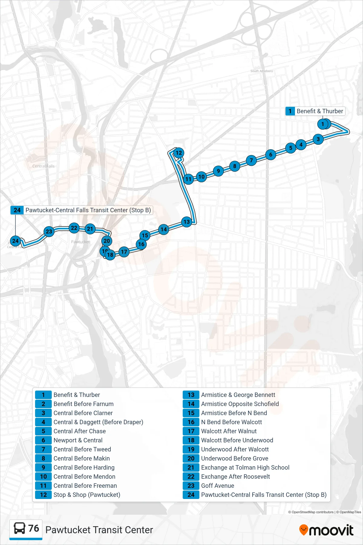 76 bus Line (Pawtucket Transit Center) route and stops on a map