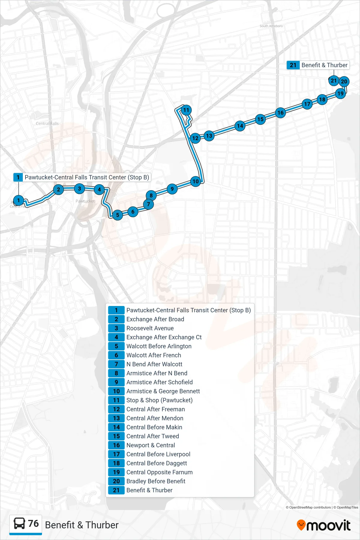 76 bus Line (Benefit & Thurber) route and stops on a map