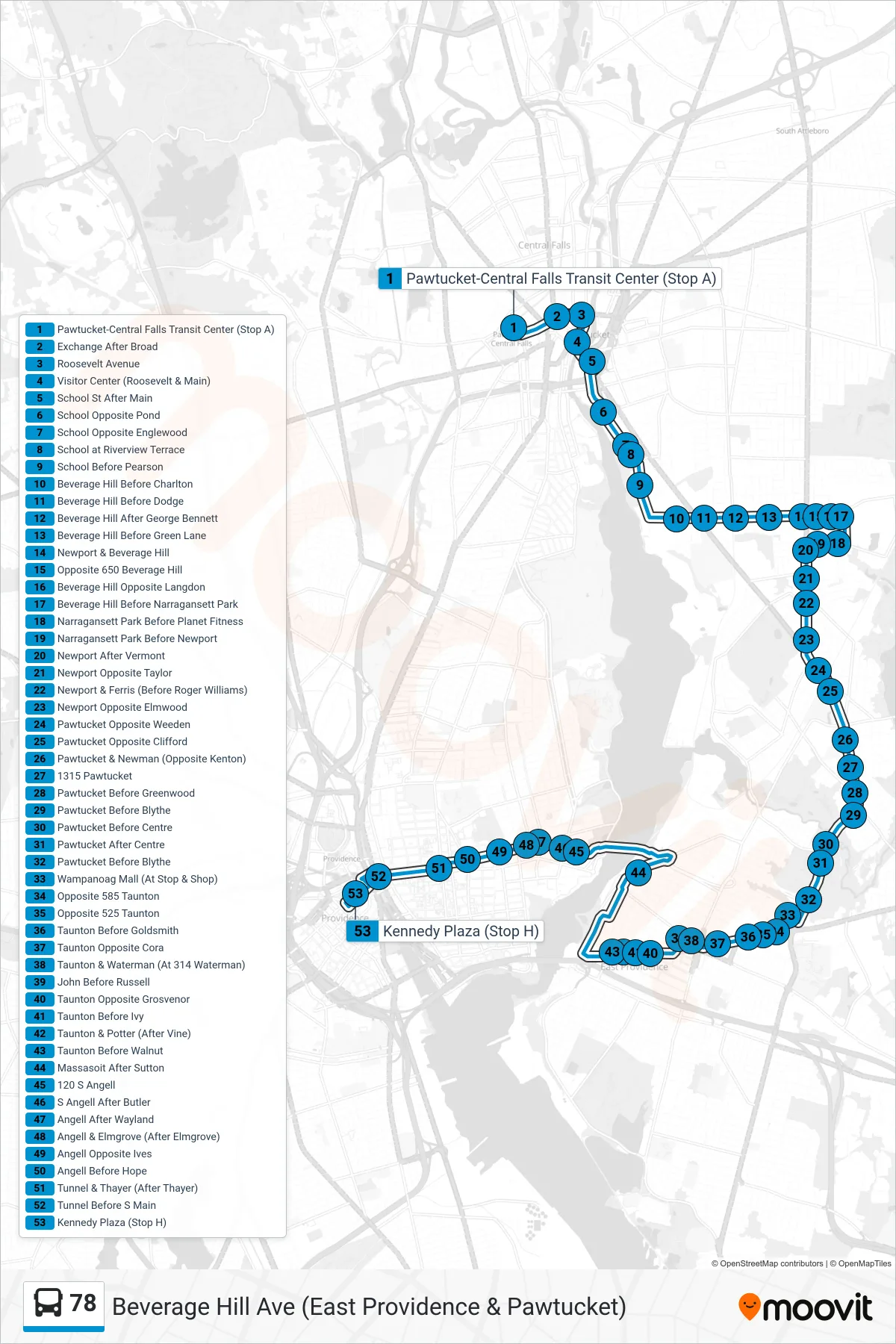 78 bus Line (Kennedy Plaza Via Beverage Hill Ave) route and stops on a map