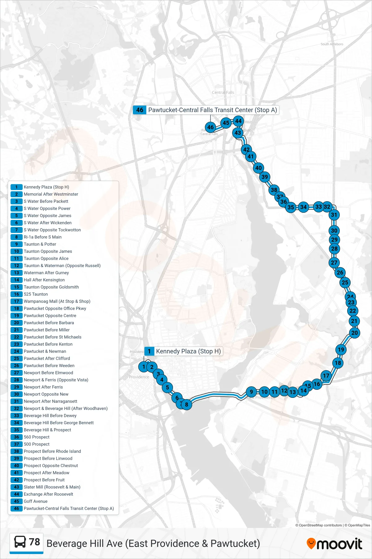 78 bus Line (Pawtucket Transit Center Via Bev Hill Av) route and stops on a map