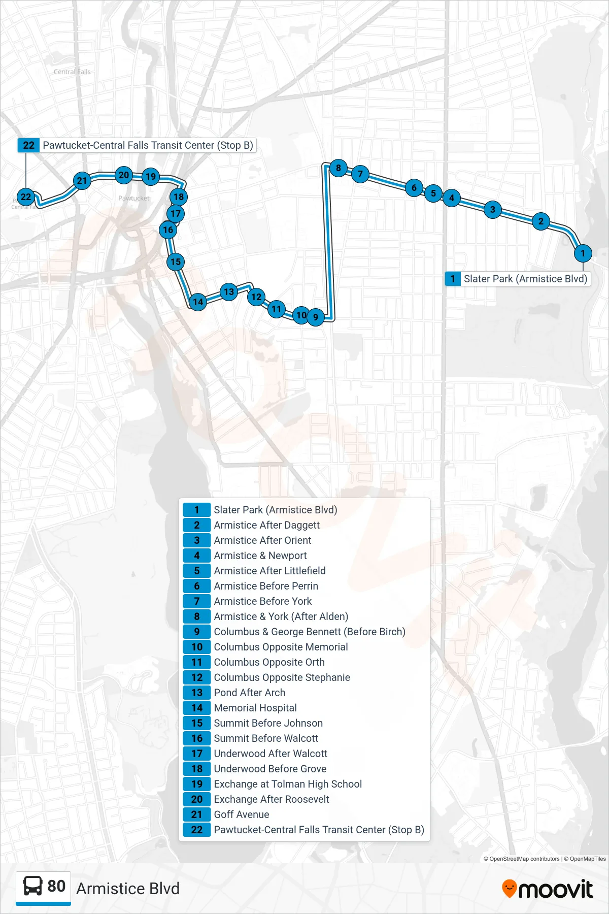 80 bus Line (Pawtucket Transit Center) route and stops on a map