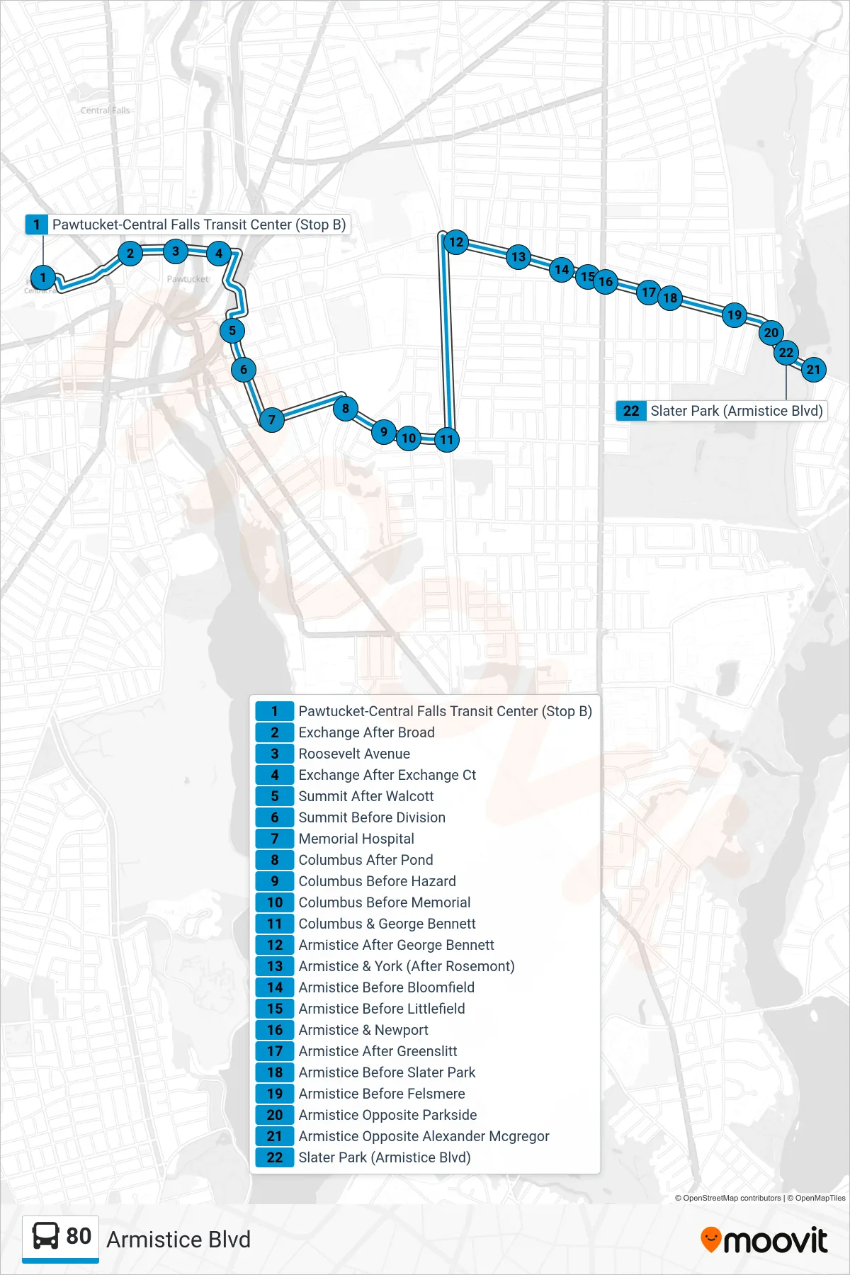 80 bus Line (Slater Park (Armistice Blvd)) route and stops on a map
