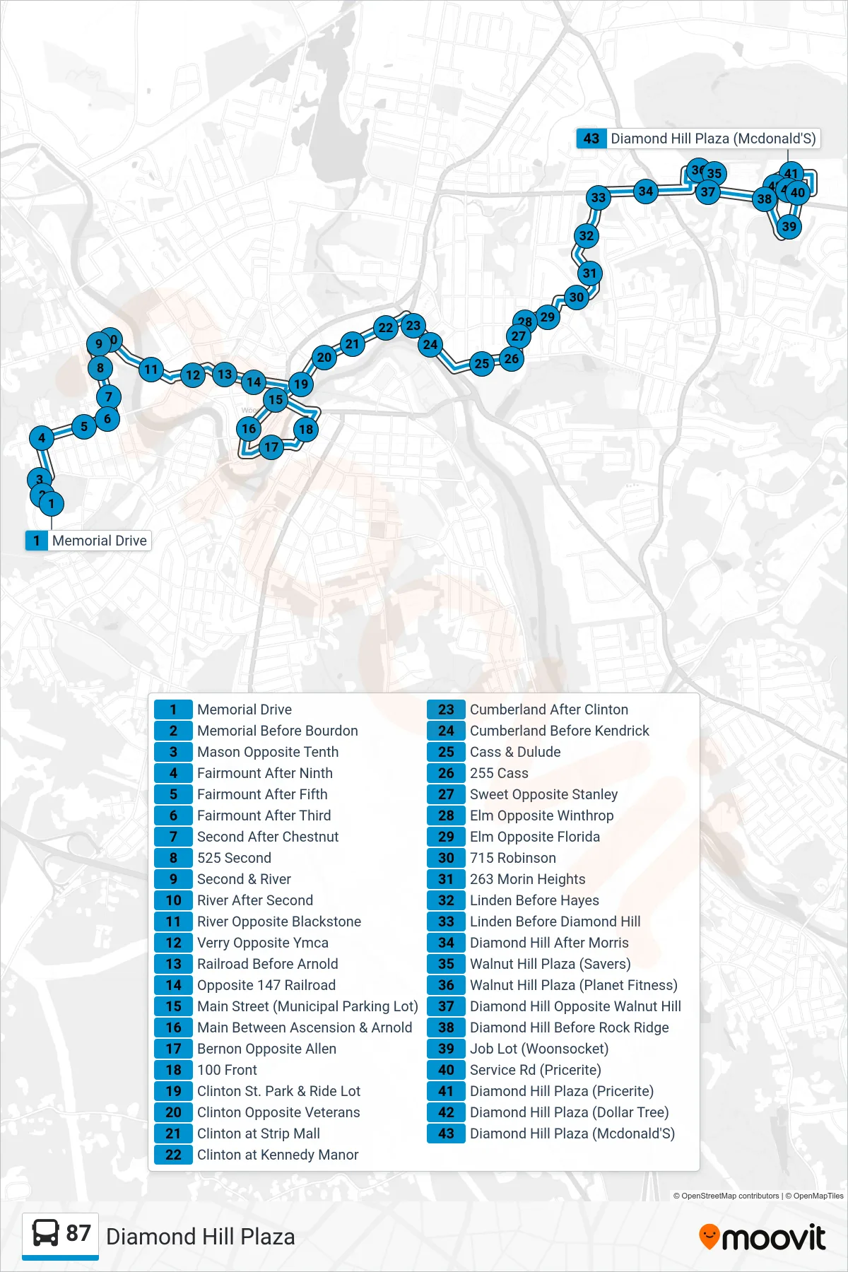 87 bus Line (Diamond Hill Plaza) route and stops on a map