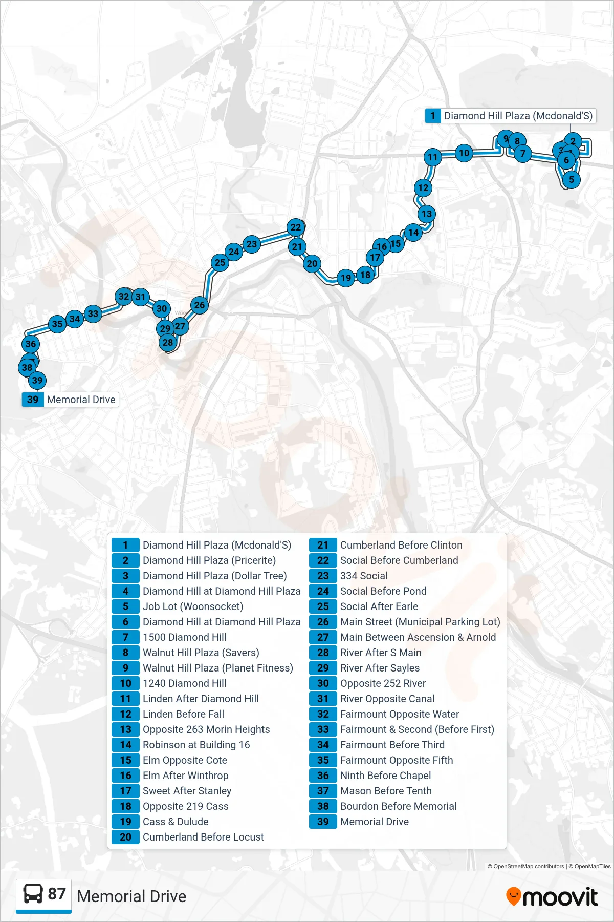 87 bus Line (Memorial Drive) route and stops on a map