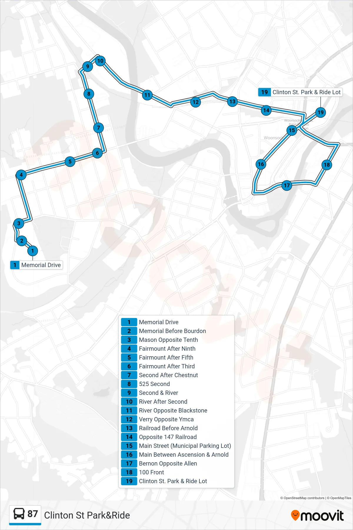 87 bus Line (Clinton St Park&Ride) route and stops on a map