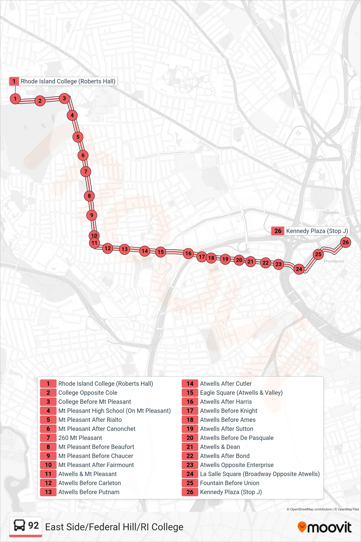 92 bus Line (Kennedy Plaza) route and stops on a map