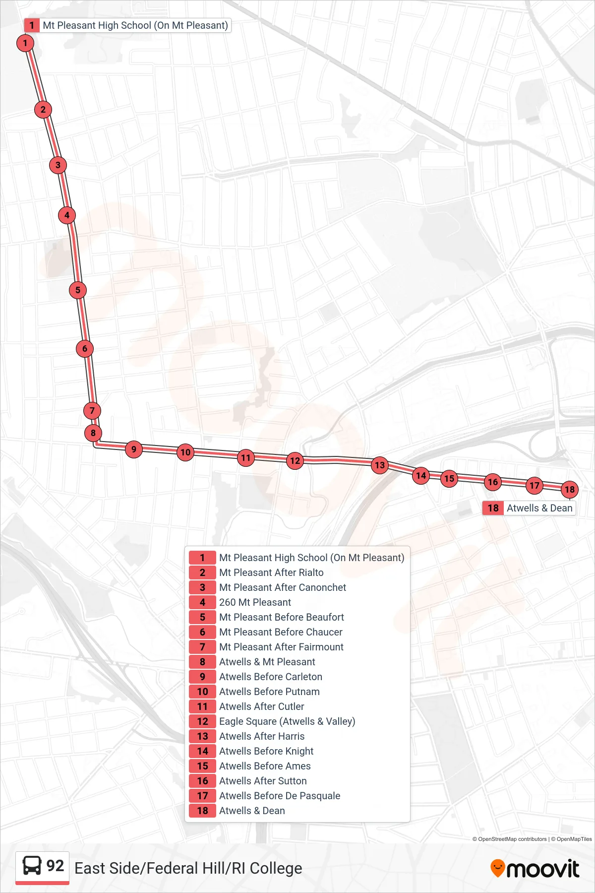 92 bus Line (Brewery Parkade) route and stops on a map