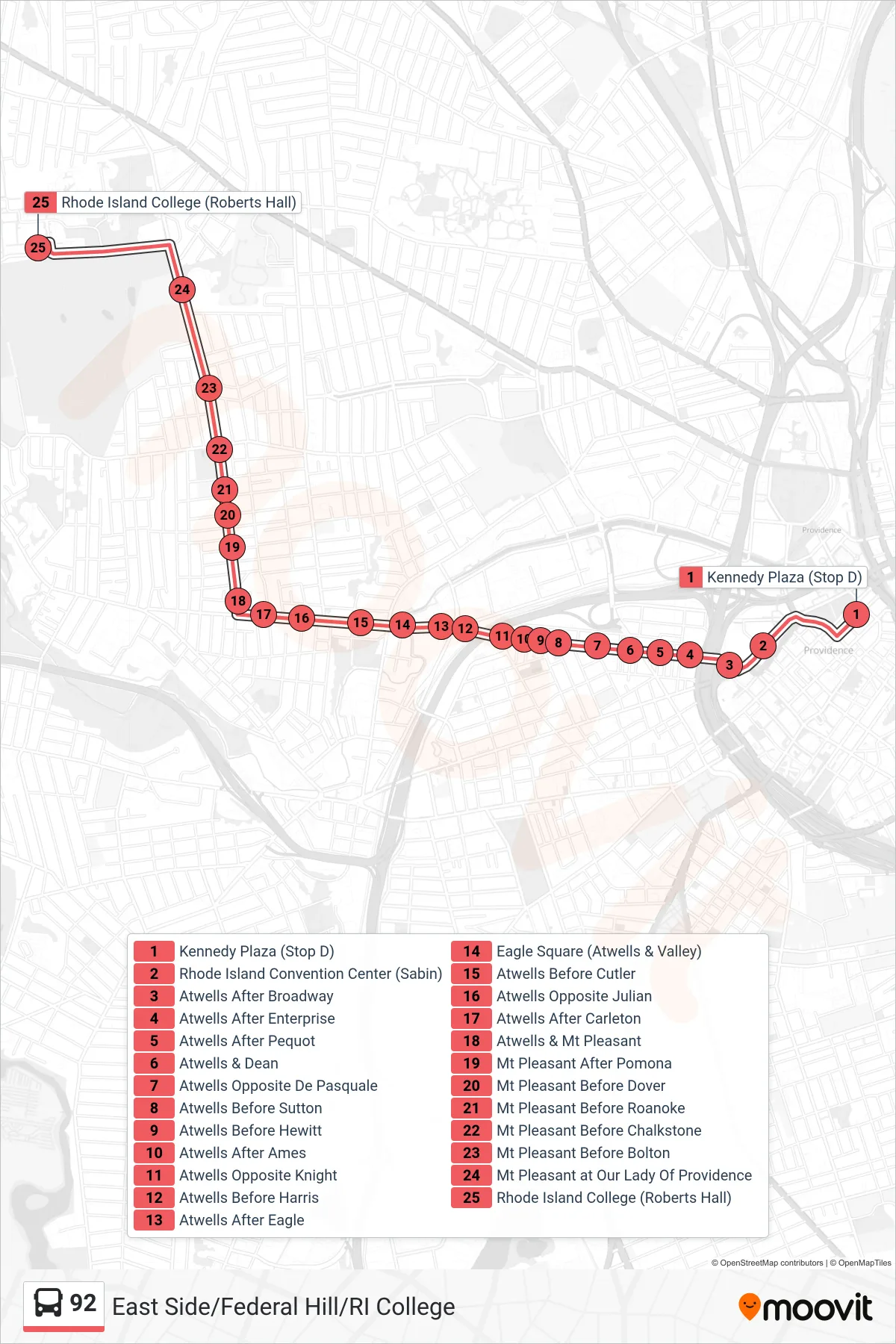 92 bus Line (Ri College Via Mt Pleasant Hs) route and stops on a map
