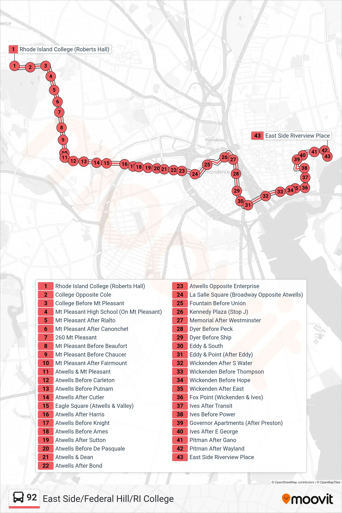 92 bus Line (Riverview Place Via Governor Apts) route and stops on a map