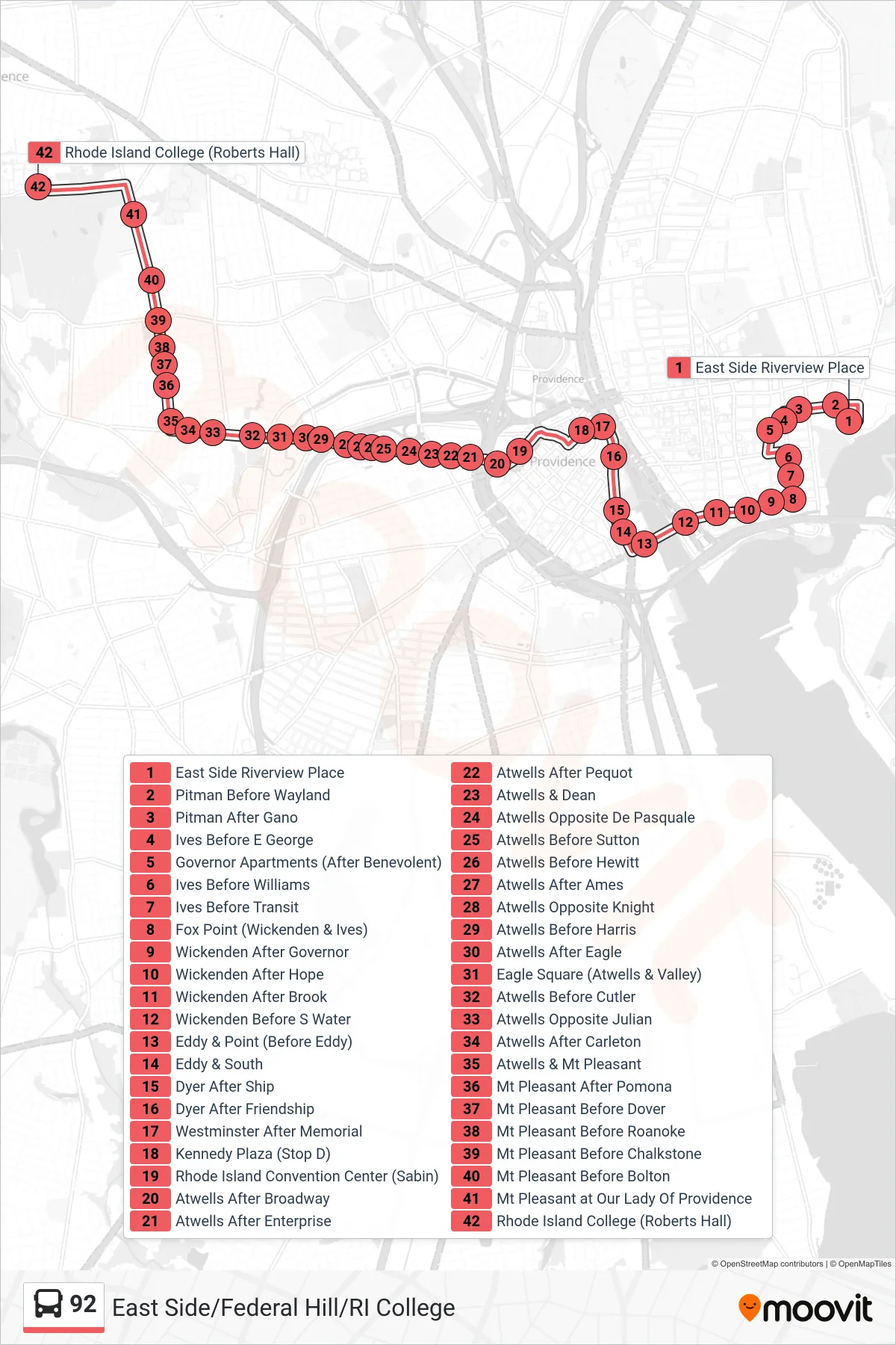 92 bus Line (Ri College Via Atwells & Governor Apts) route and stops on a map