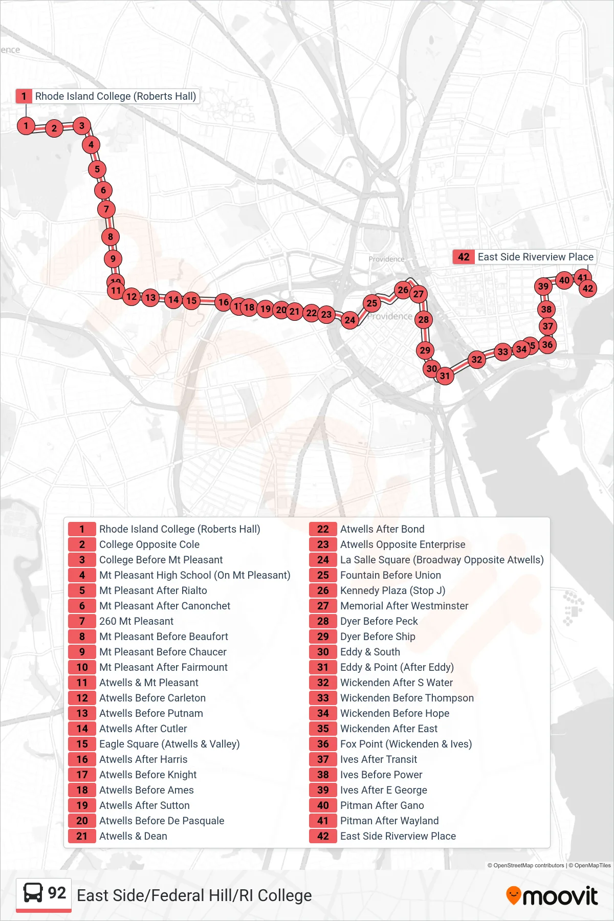 92 bus Line (Riverview Place) route and stops on a map